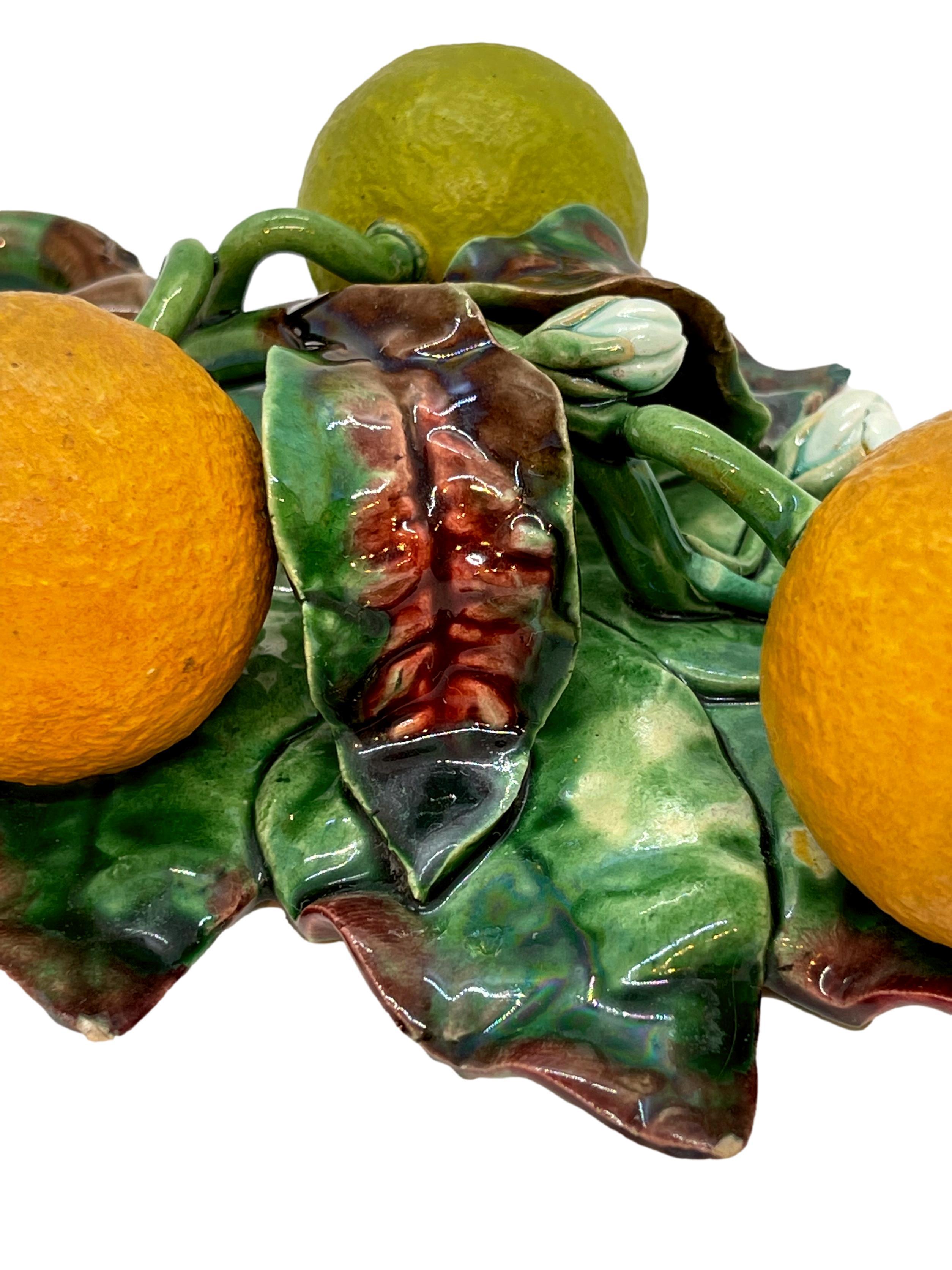 French Majolica Trompe L'oeil Wall Plaque with Oranges, Perret-Gentil, Menton In Good Condition For Sale In Banner Elk, NC