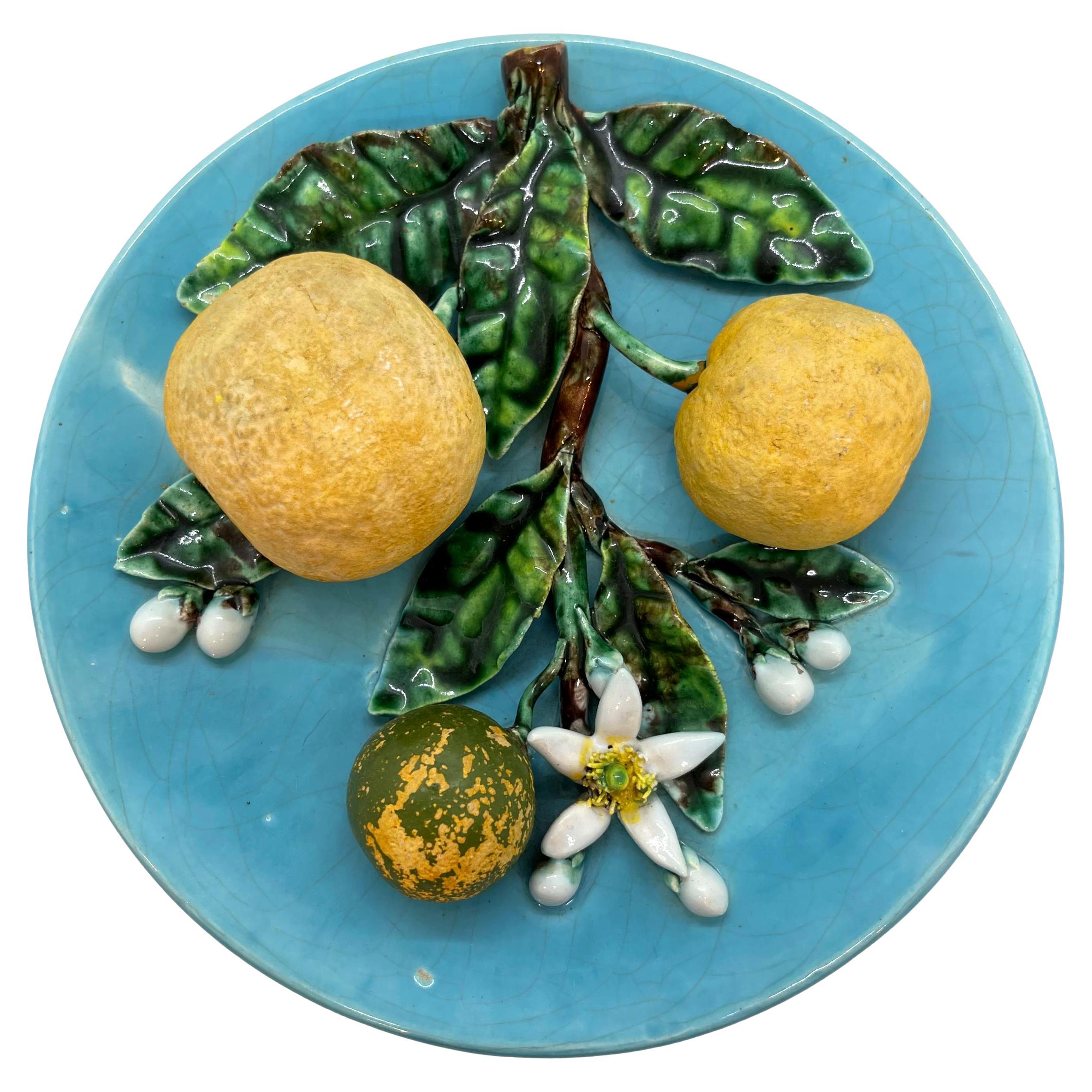 French Majolica Trompe L'oeil Wall Plaque with Oranges, Perret-Gentil, Menton