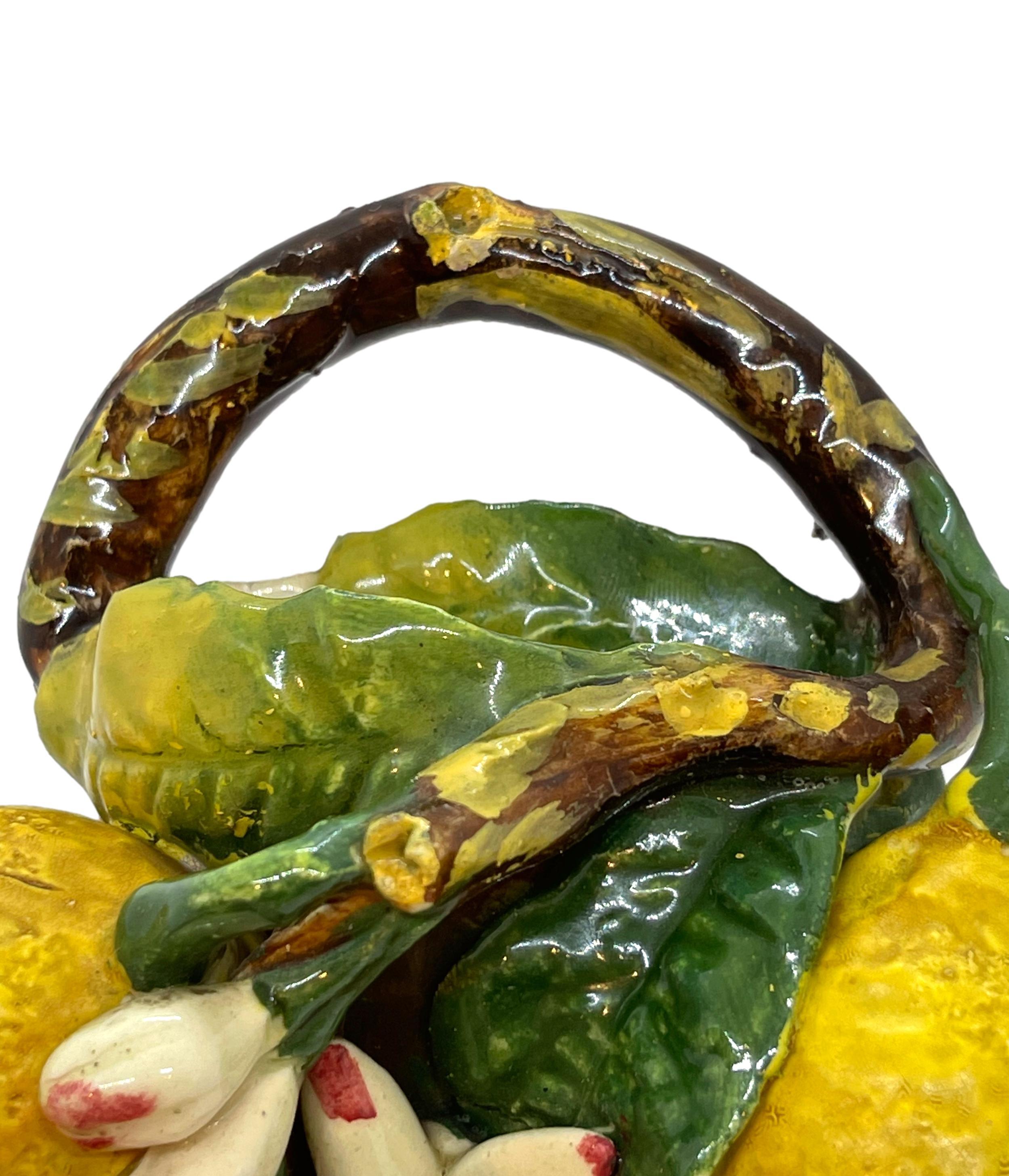 Molded French Majolica Trompe L'oeil Wall Pocket with Lemons by Joseph Saissi, Menton For Sale