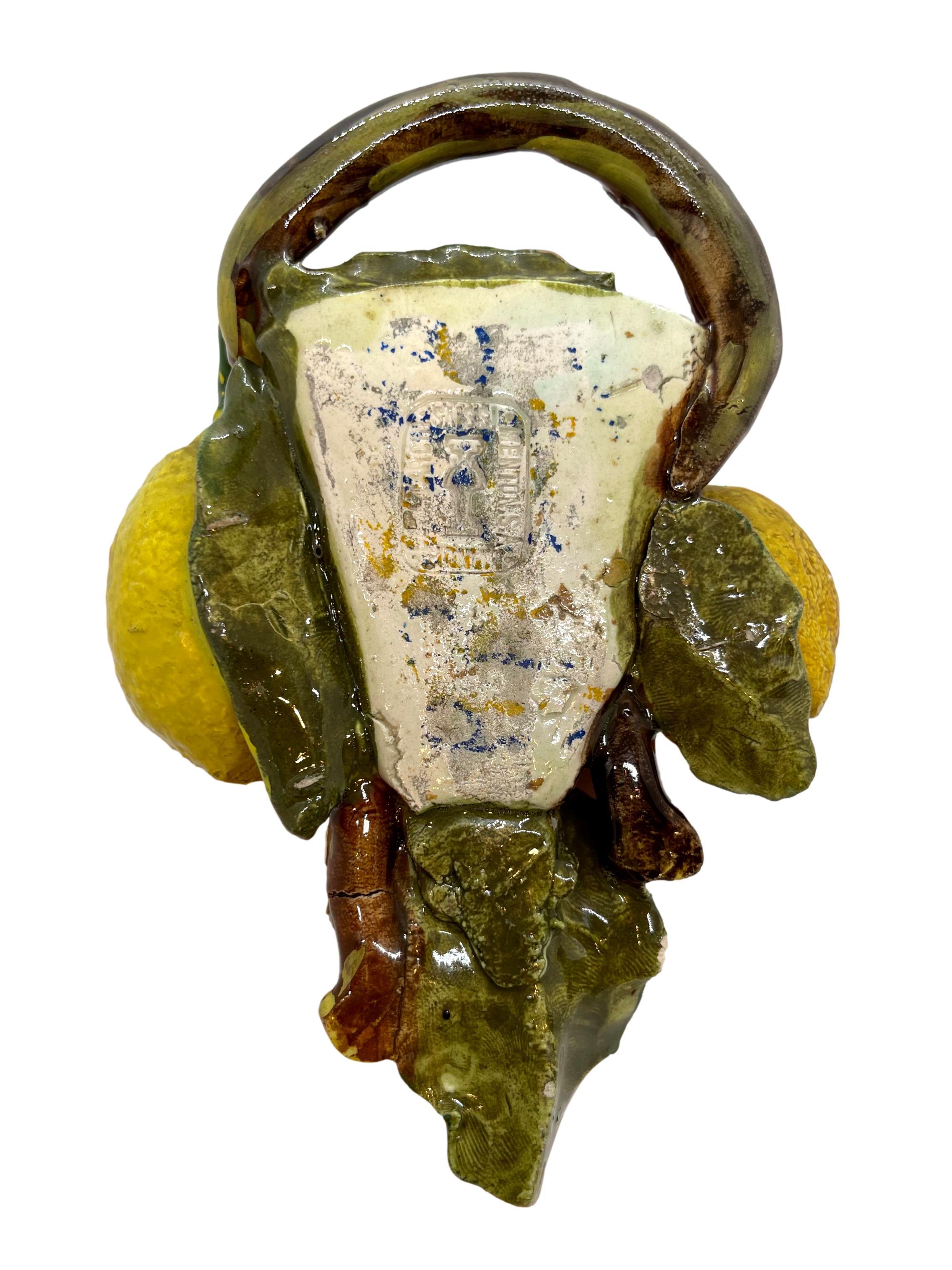 French Majolica Trompe L'oeil Wall Pocket with Lemons by Joseph Saissi, Menton In Good Condition For Sale In Banner Elk, NC