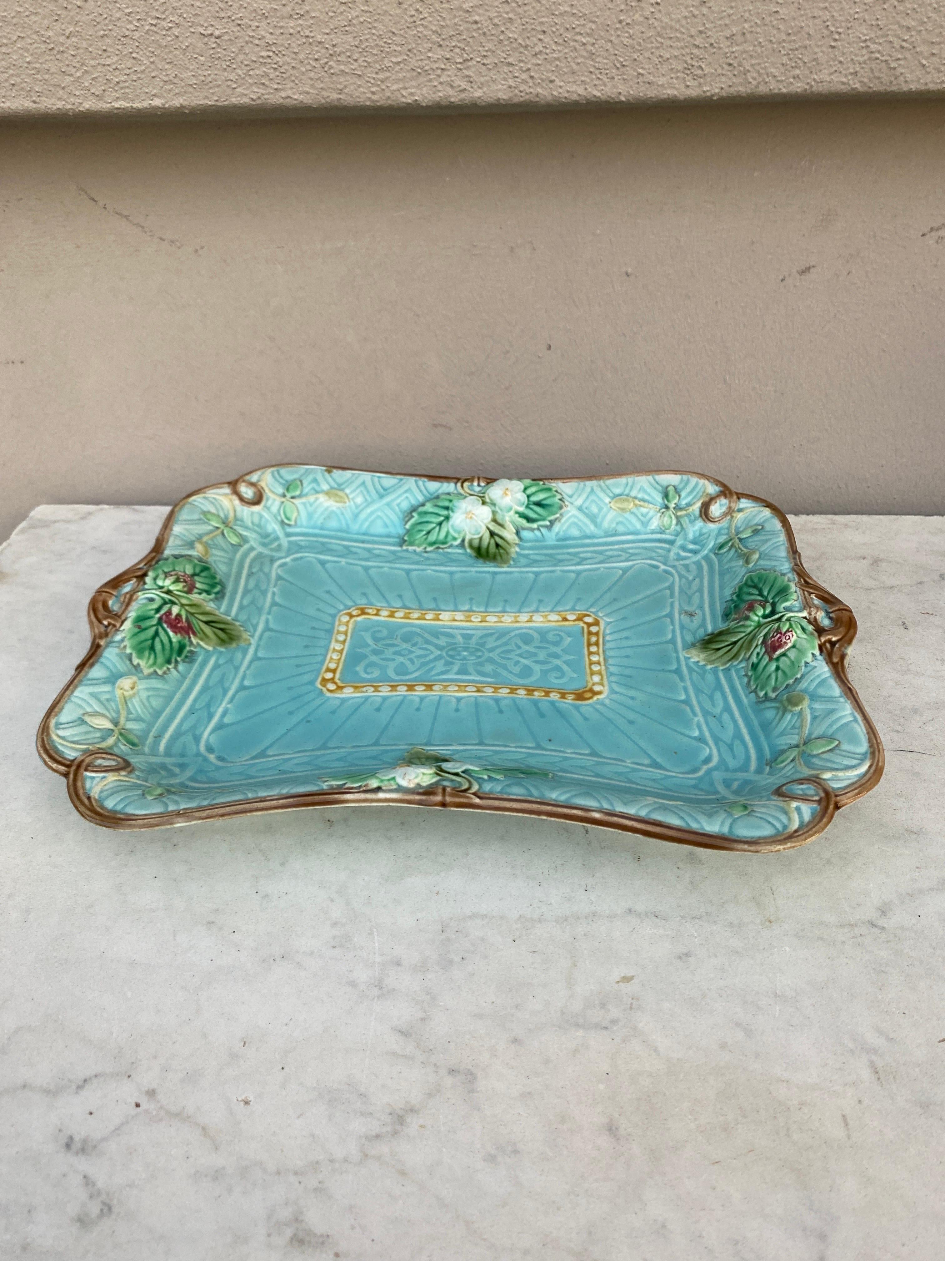 French aqua turquoise Majolica strawberry rectangular cake platter signed Sarreguemines Majolica, circa 1870.
