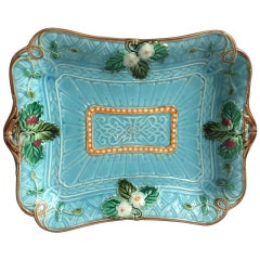 French Majolica Turquoise Strawberry Platter Sarreguemines, circa 1870