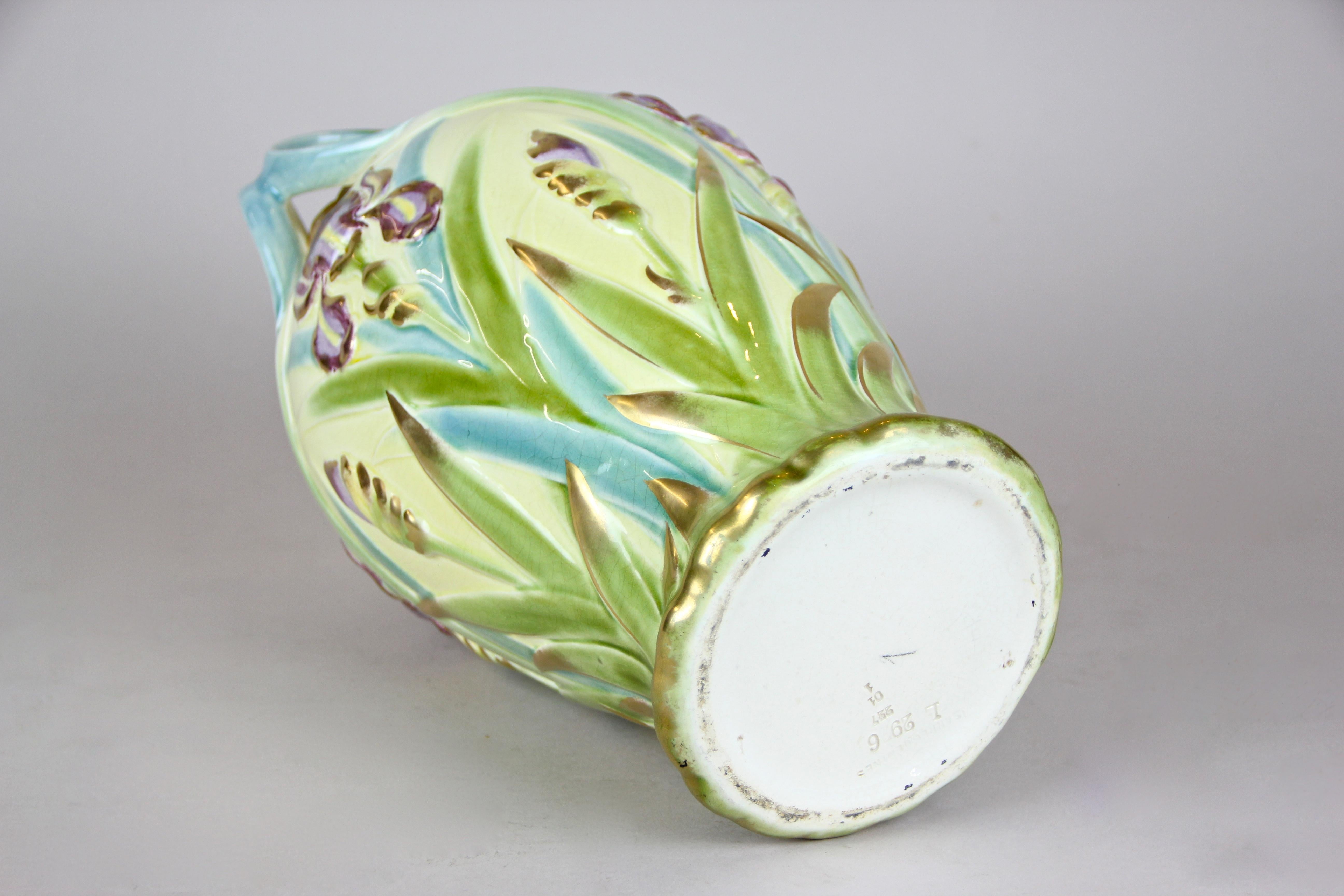 French Majolica Vase by Sarreguemines Floral Design, France, circa 1915 9