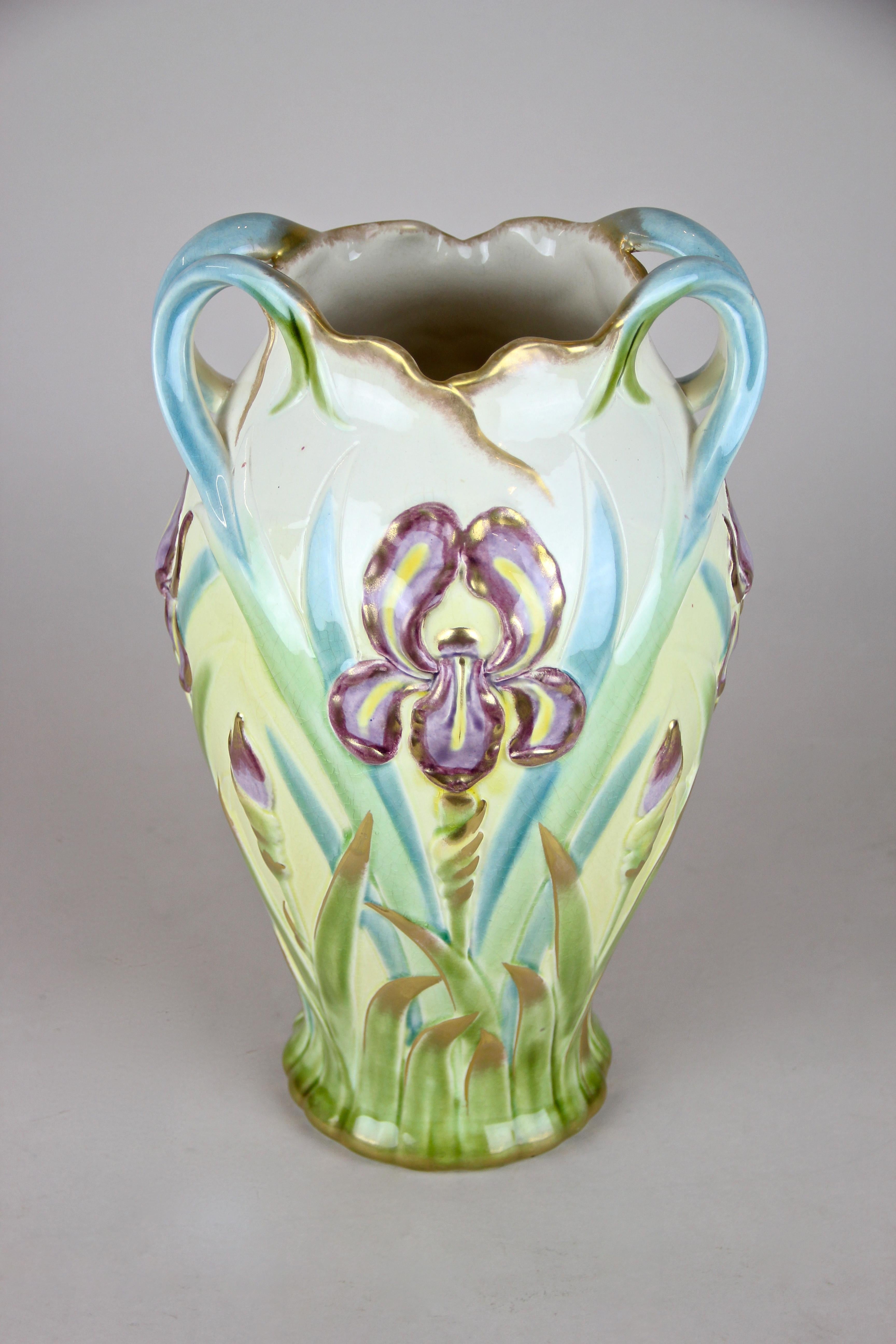 Art Nouveau French Majolica Vase by Sarreguemines Floral Design, France, circa 1915