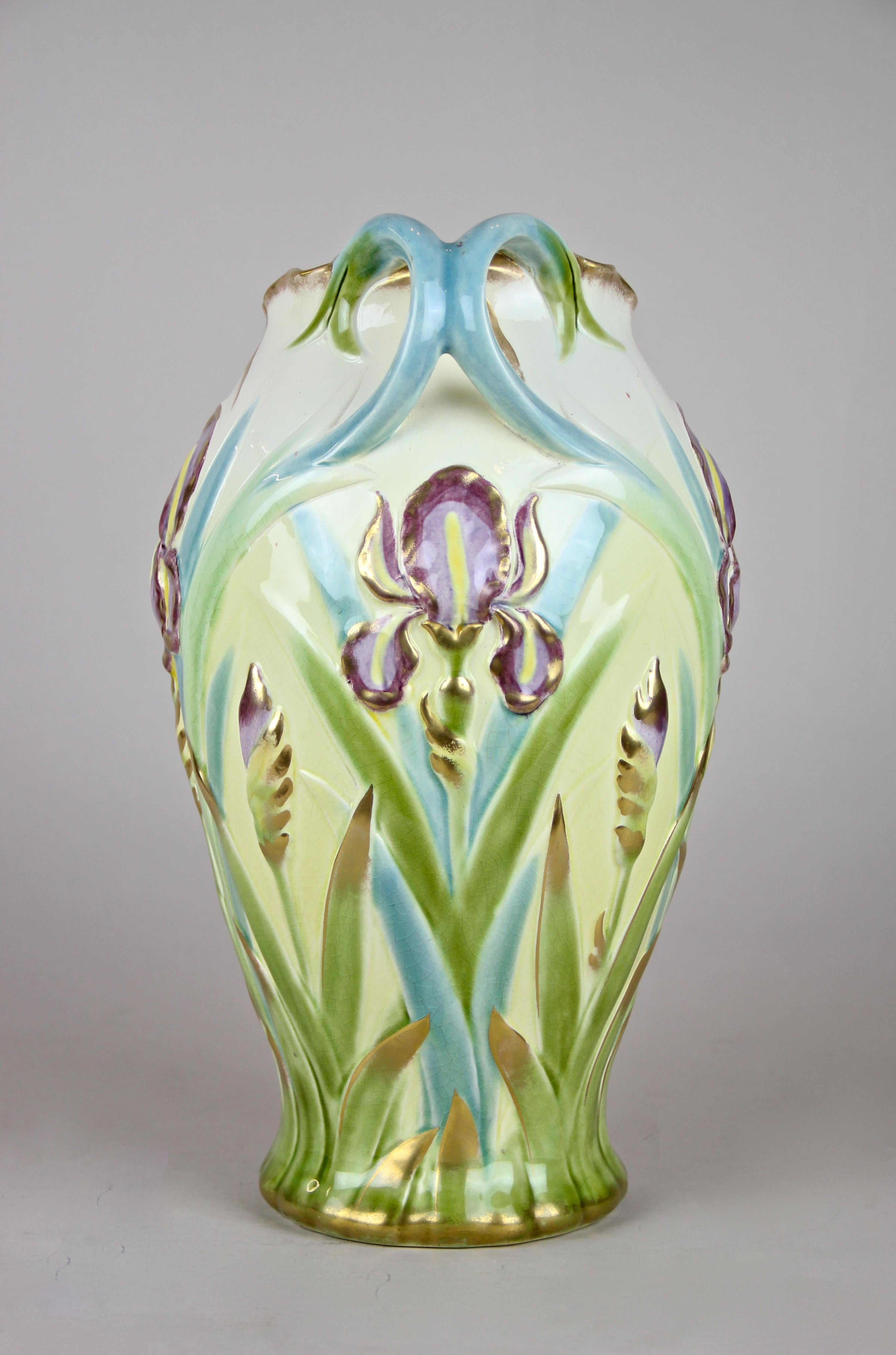 Hand-Painted French Majolica Vase by Sarreguemines Floral Design, France, circa 1915