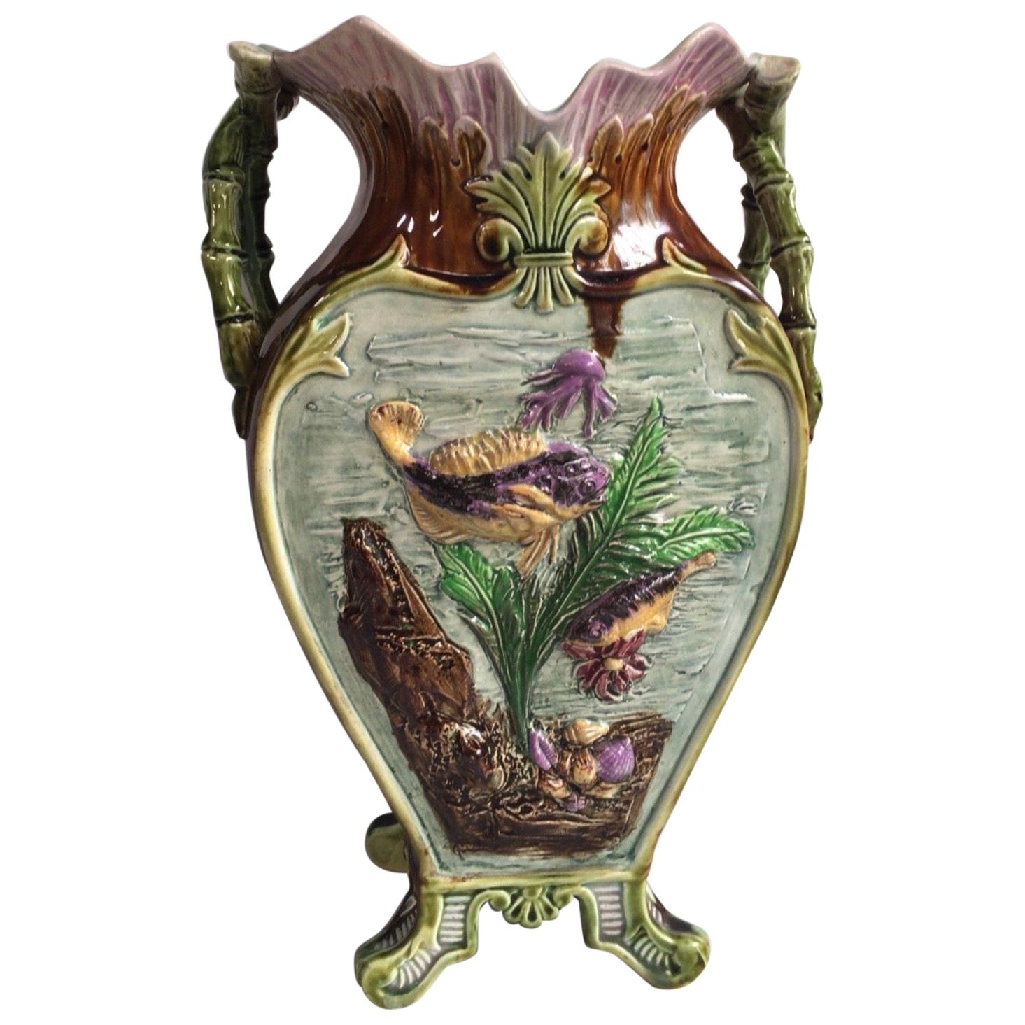 French Majolica Vase with Fishs and Shells, circa 1880