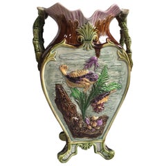 French Majolica Vase with Fishs and Shells, circa 1880