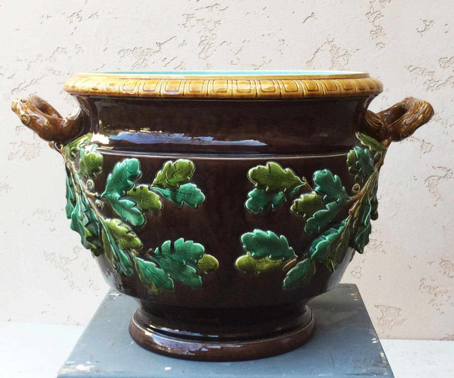 Late 19th Century French Majolica Vase with Leaves and Berries, circa 1880 For Sale