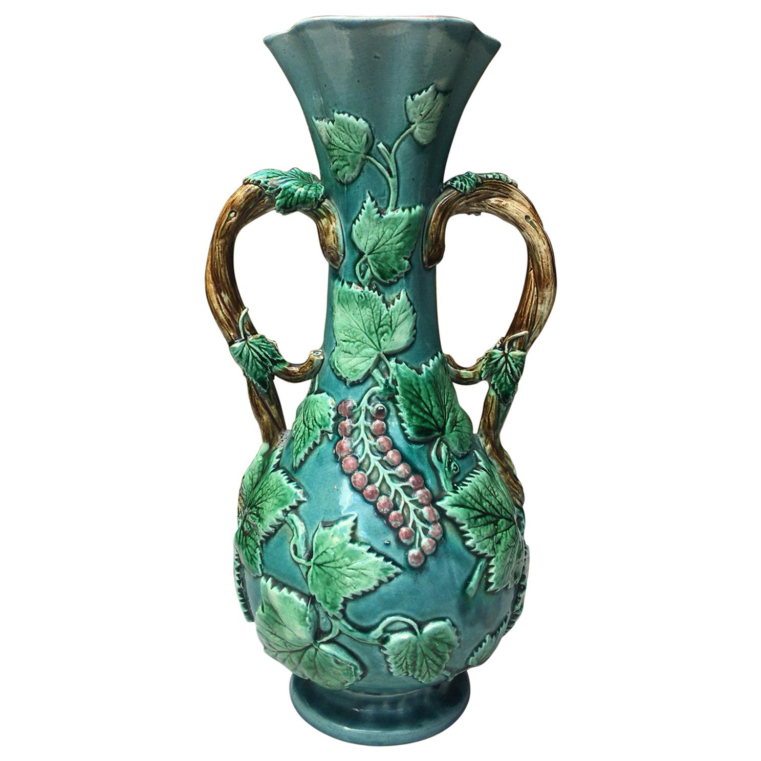 French Majolica Vase with Leaves and Berries, circa 1880