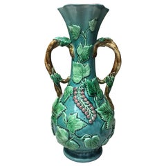 French Majolica Vase with Leaves and Berries, circa 1880