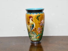 French Majolica Vase with Rooster, Irises, and Butterfly, circa 1900