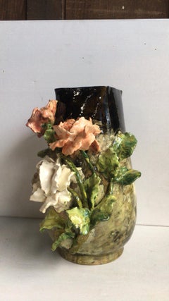 French Majolica Vase with Roses Pointu, circa 1880