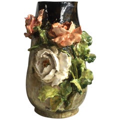 French Majolica Vase with Roses Pointu, circa 1880