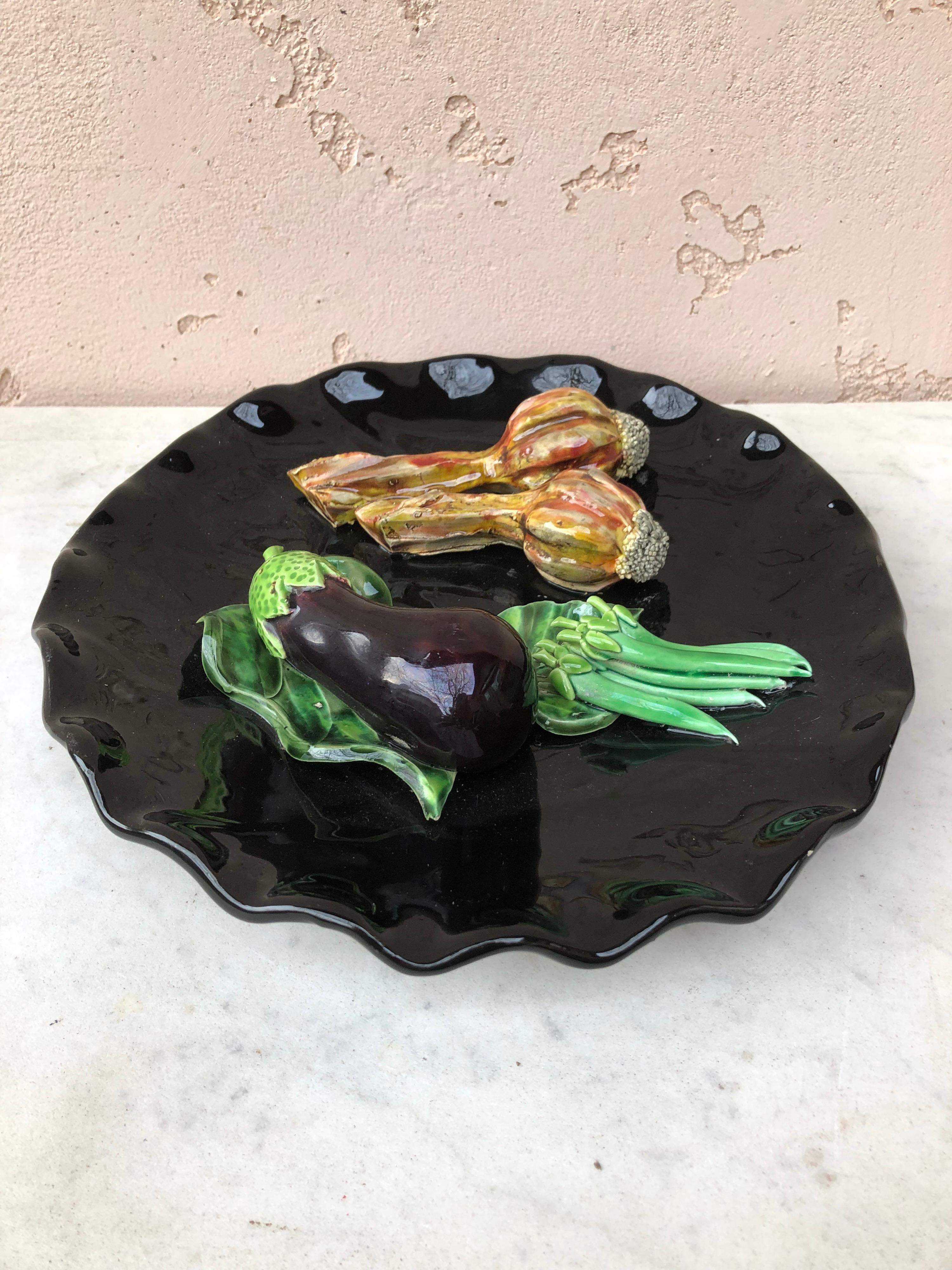Rustic French Majolica Vegetables Platter Vallauris circa 1950 For Sale