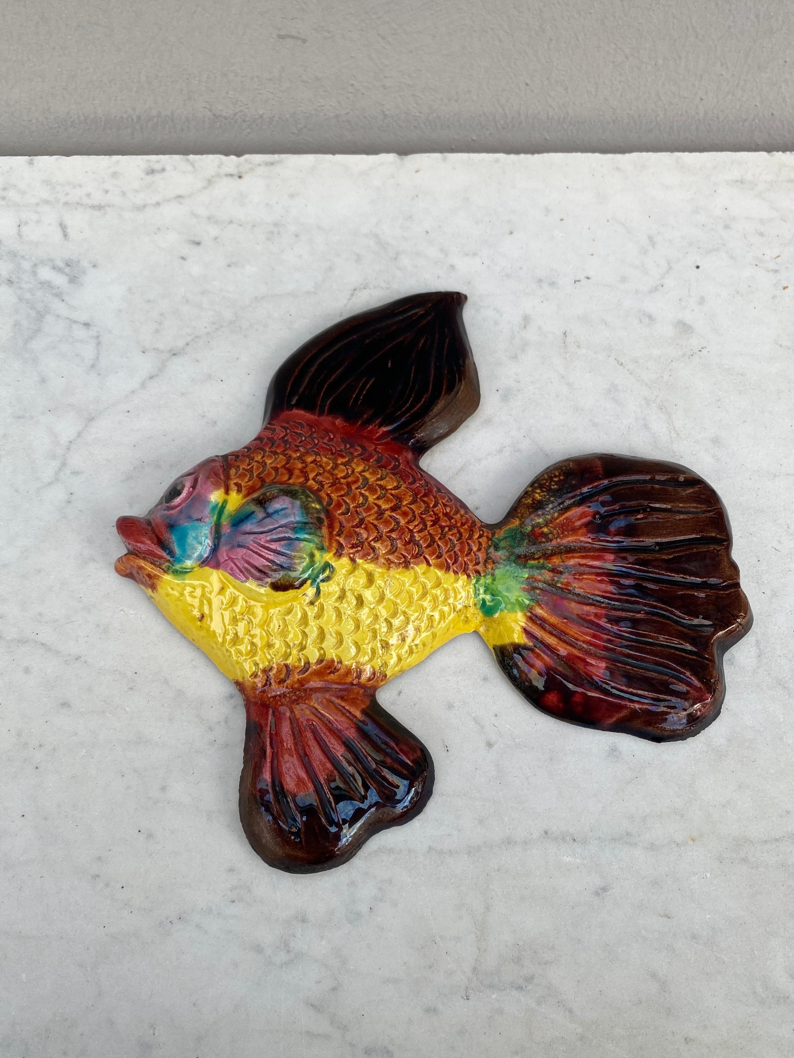 French Majolica Wall Fish signed Côte d’Azur Vallauris , Circa 1970.