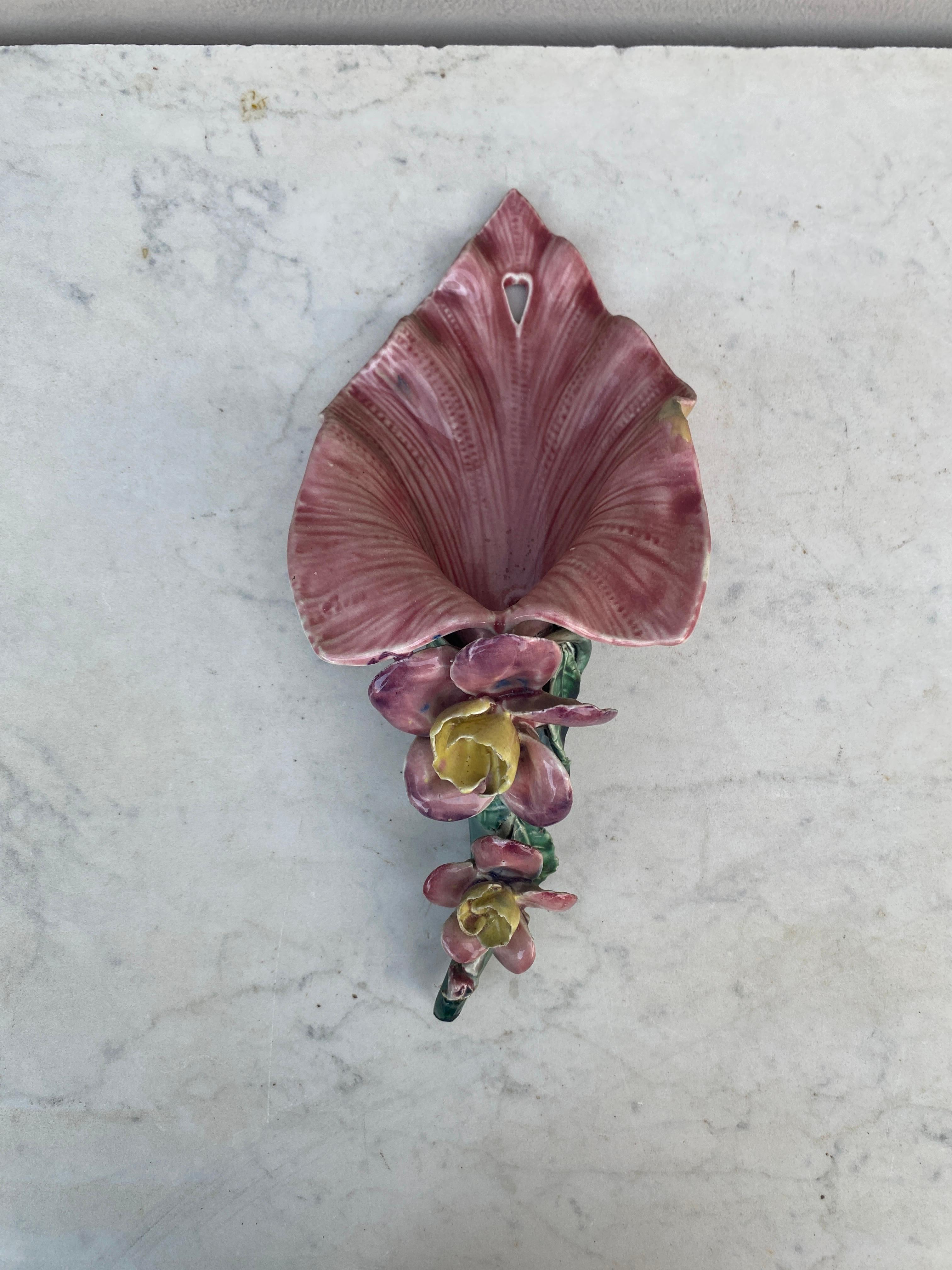 French Majolica Wall Pocket With pink Flowers circa 1890.