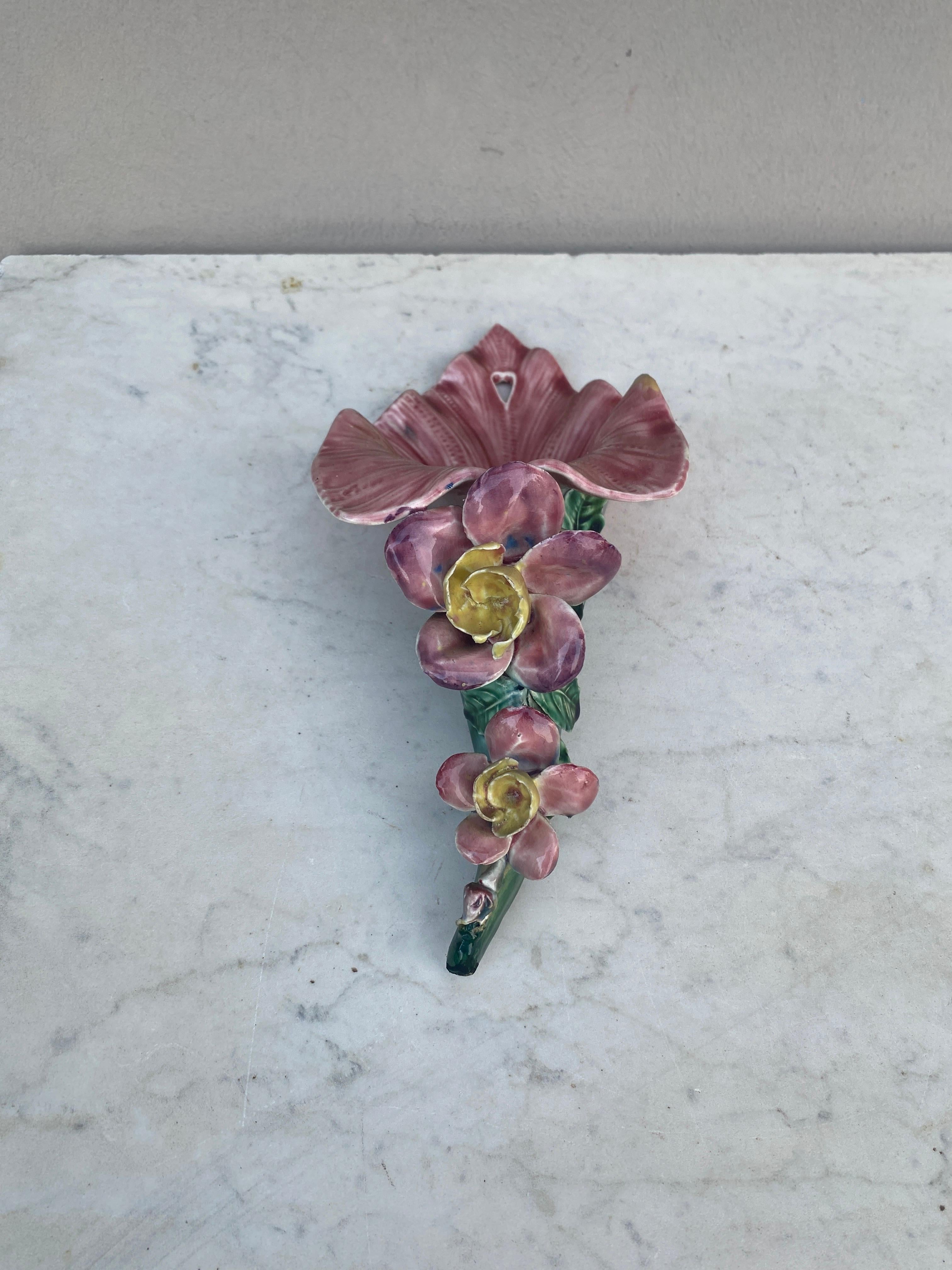 Art Nouveau French Majolica Wall Pocket With Flowers circa 1890 For Sale