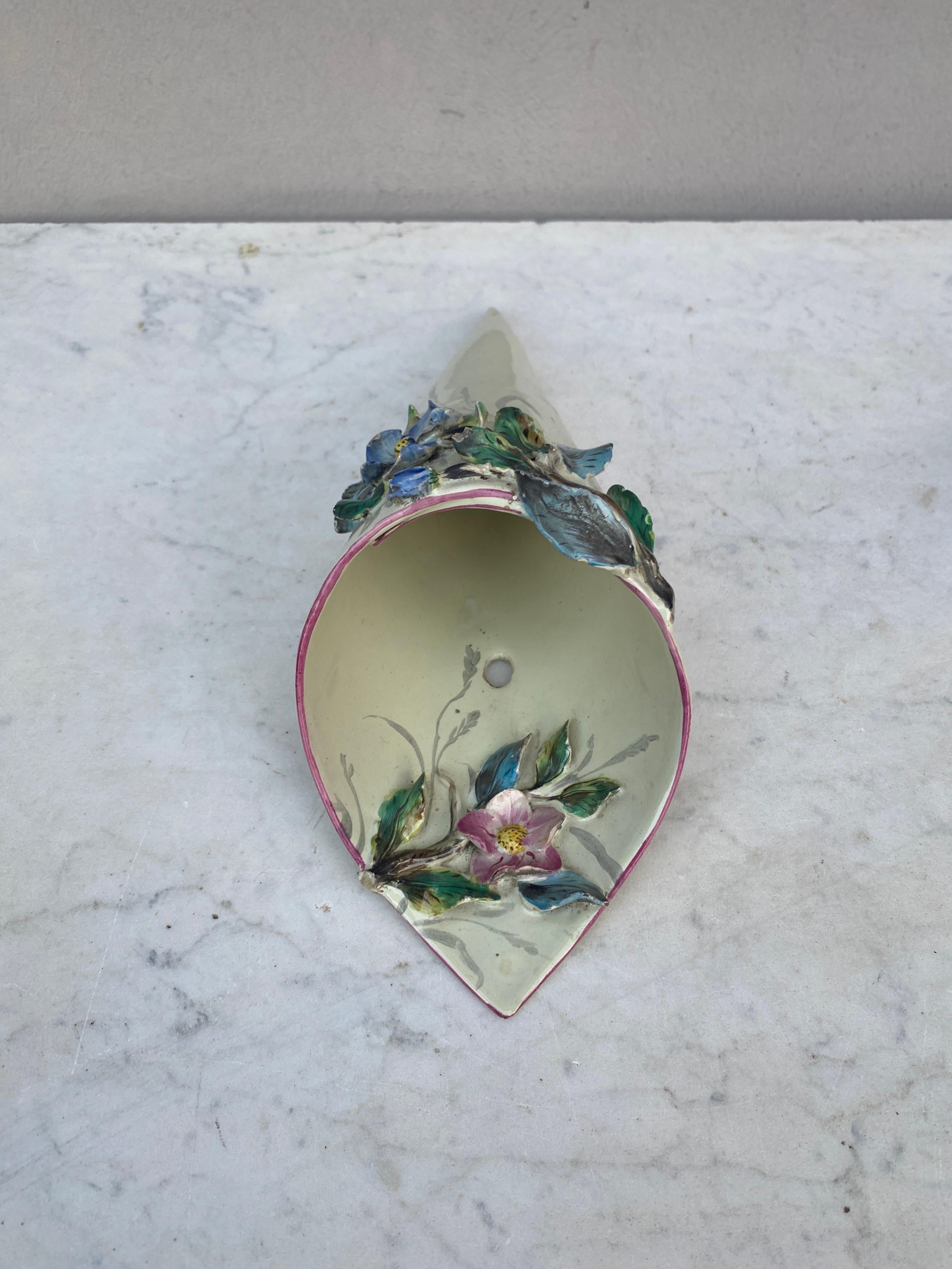 Late 19th Century French Majolica Wall Pocket With Flowers circa 1890 For Sale