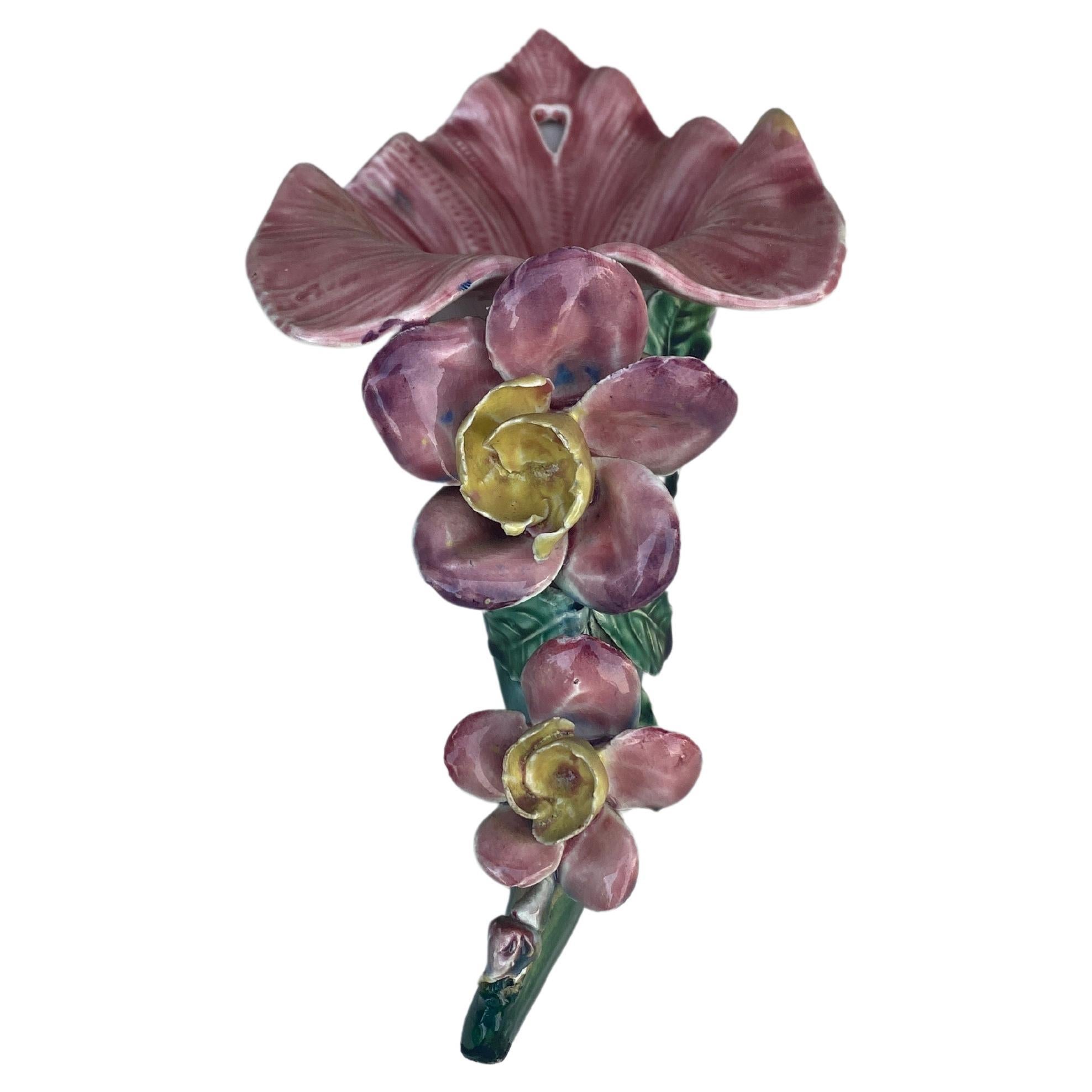 French Majolica Wall Pocket With Flowers circa 1890