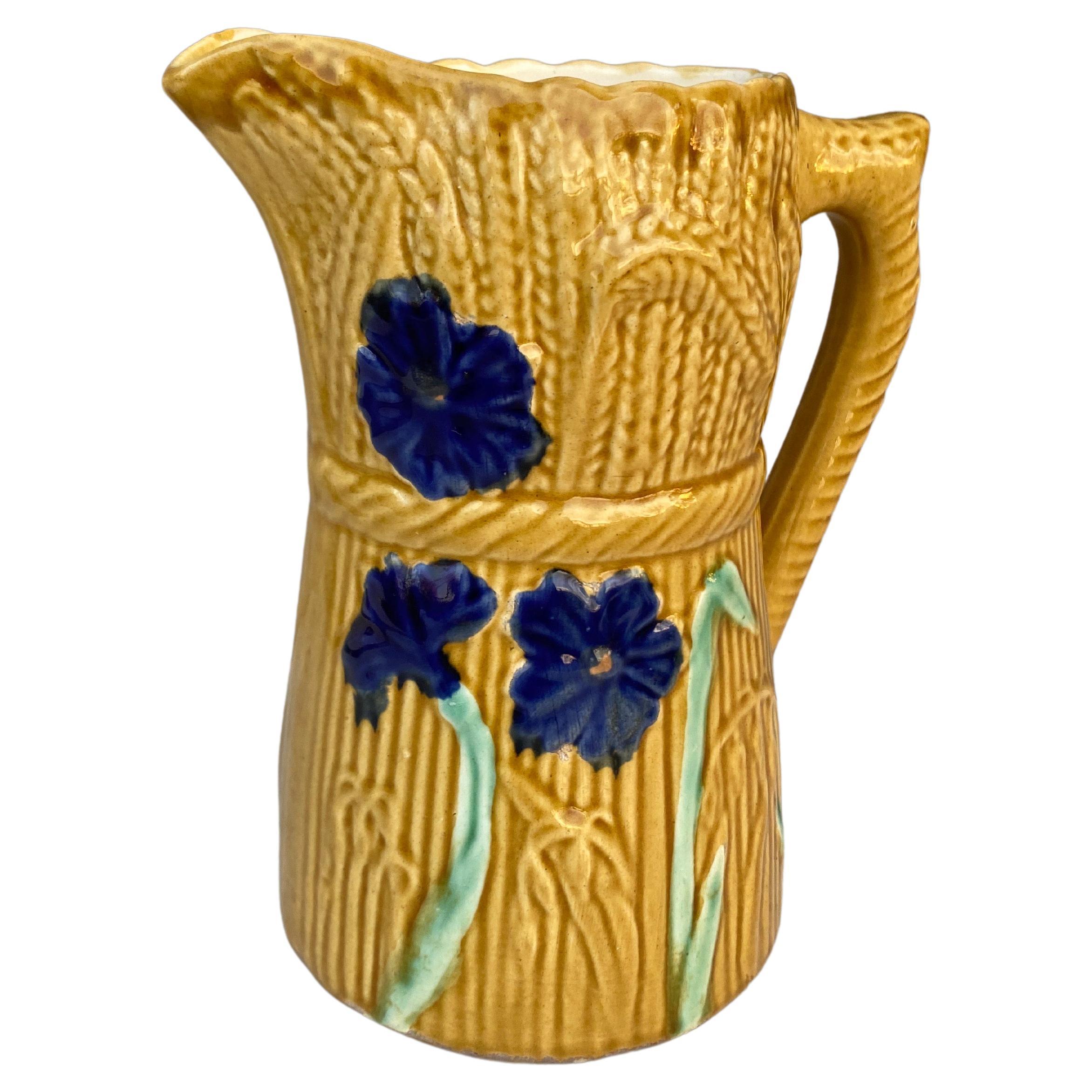 French Majolica wheat & cornflower pitcher signed Digoin circa 1900.