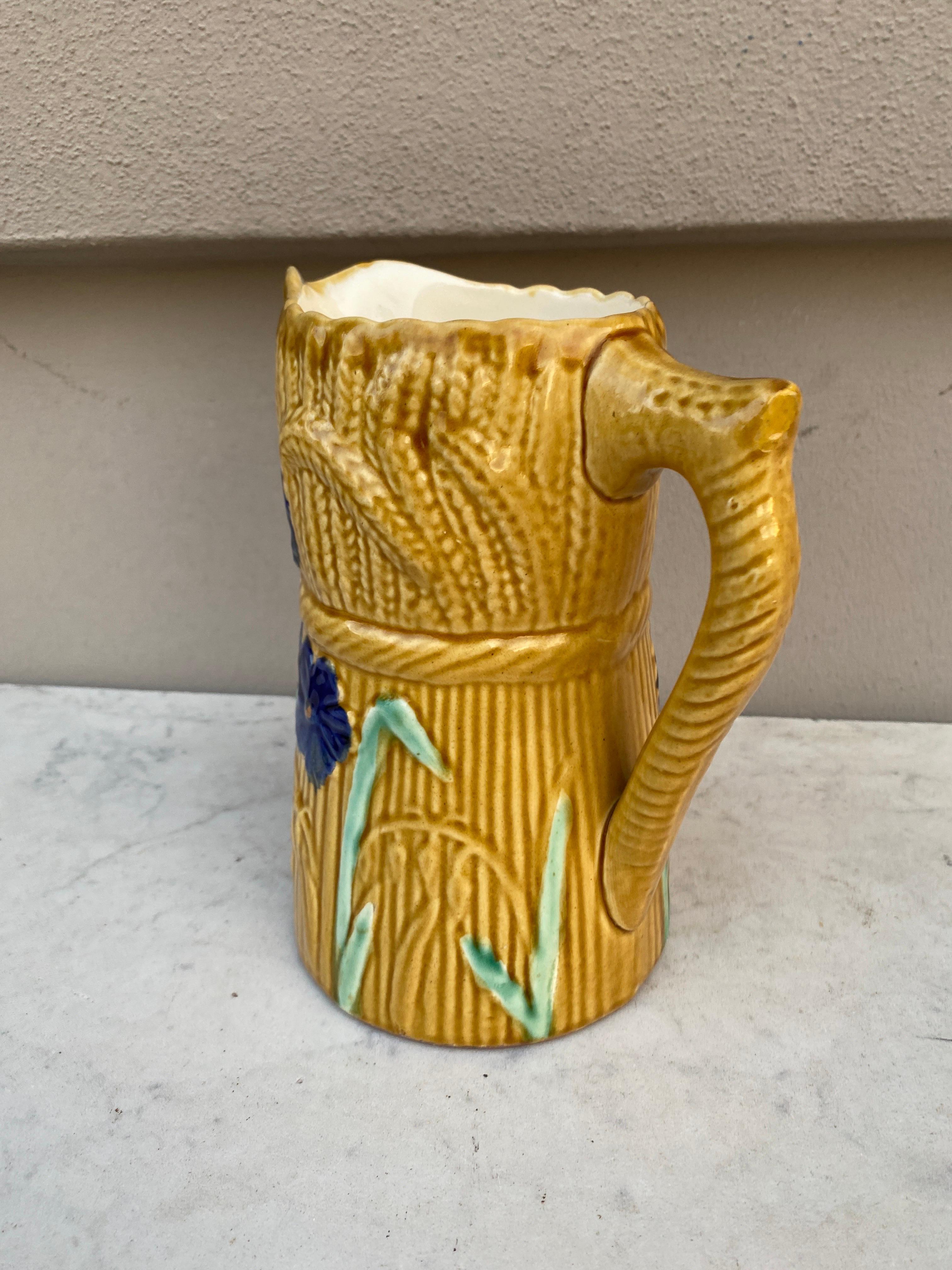 Rustic French Majolica Wheat & Cornflower Pitcher Digoin For Sale