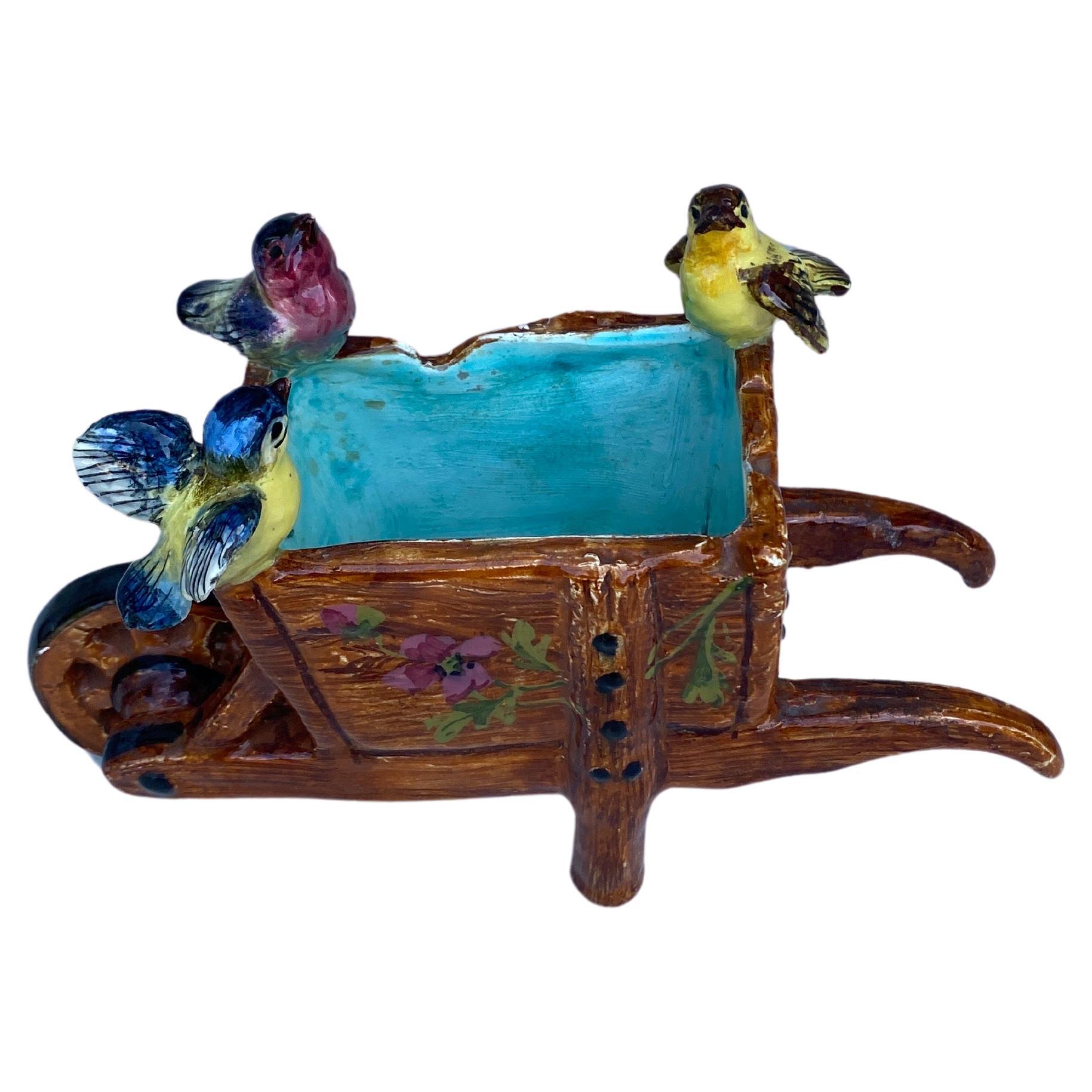 Art Nouveau French Majolica Wheelbarrow Jardiniere Jerome Massier, Circa 1900