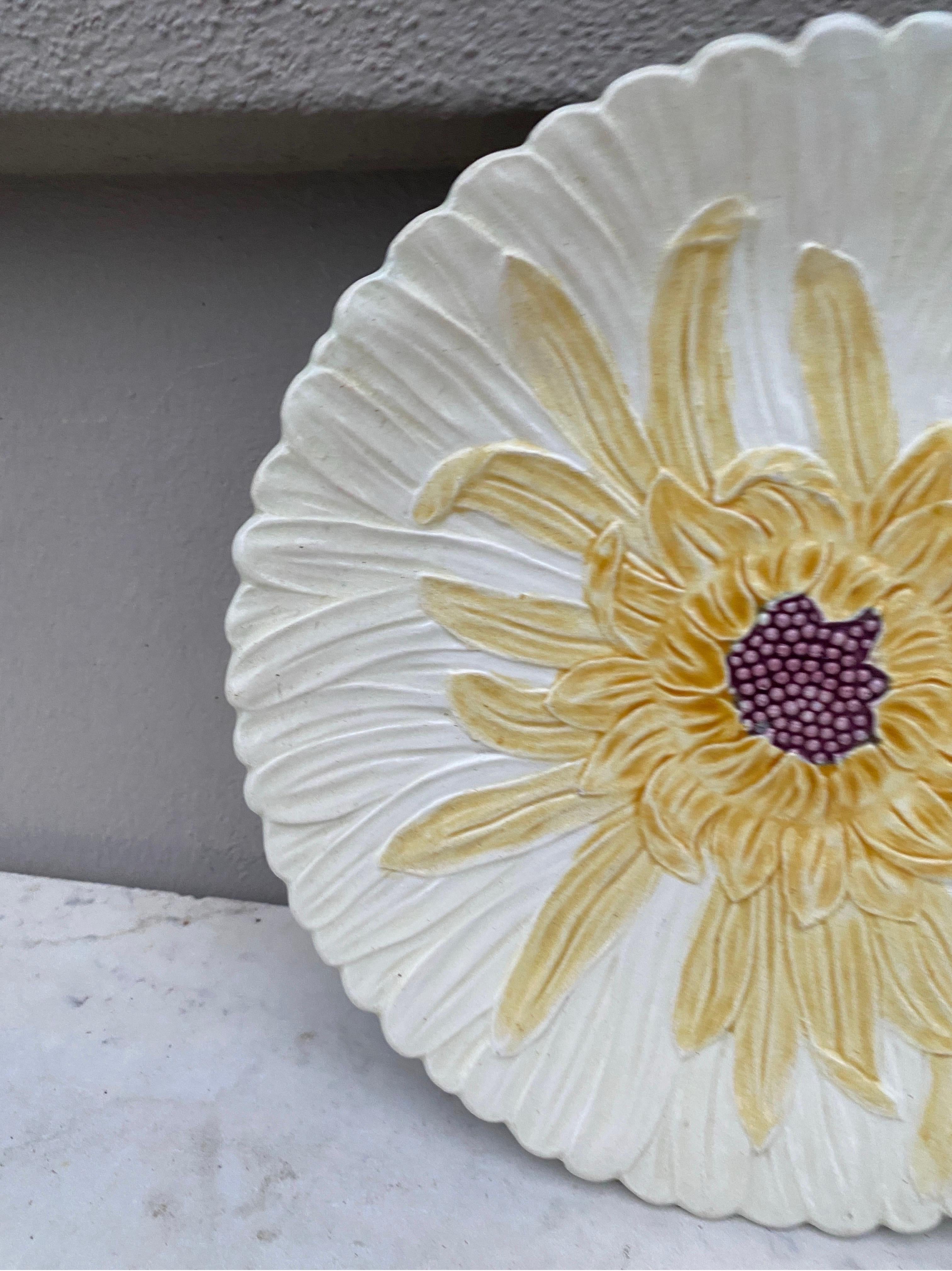 Art Nouveau French Majolica White Daisy Plate Orchies, circa 1890 For Sale