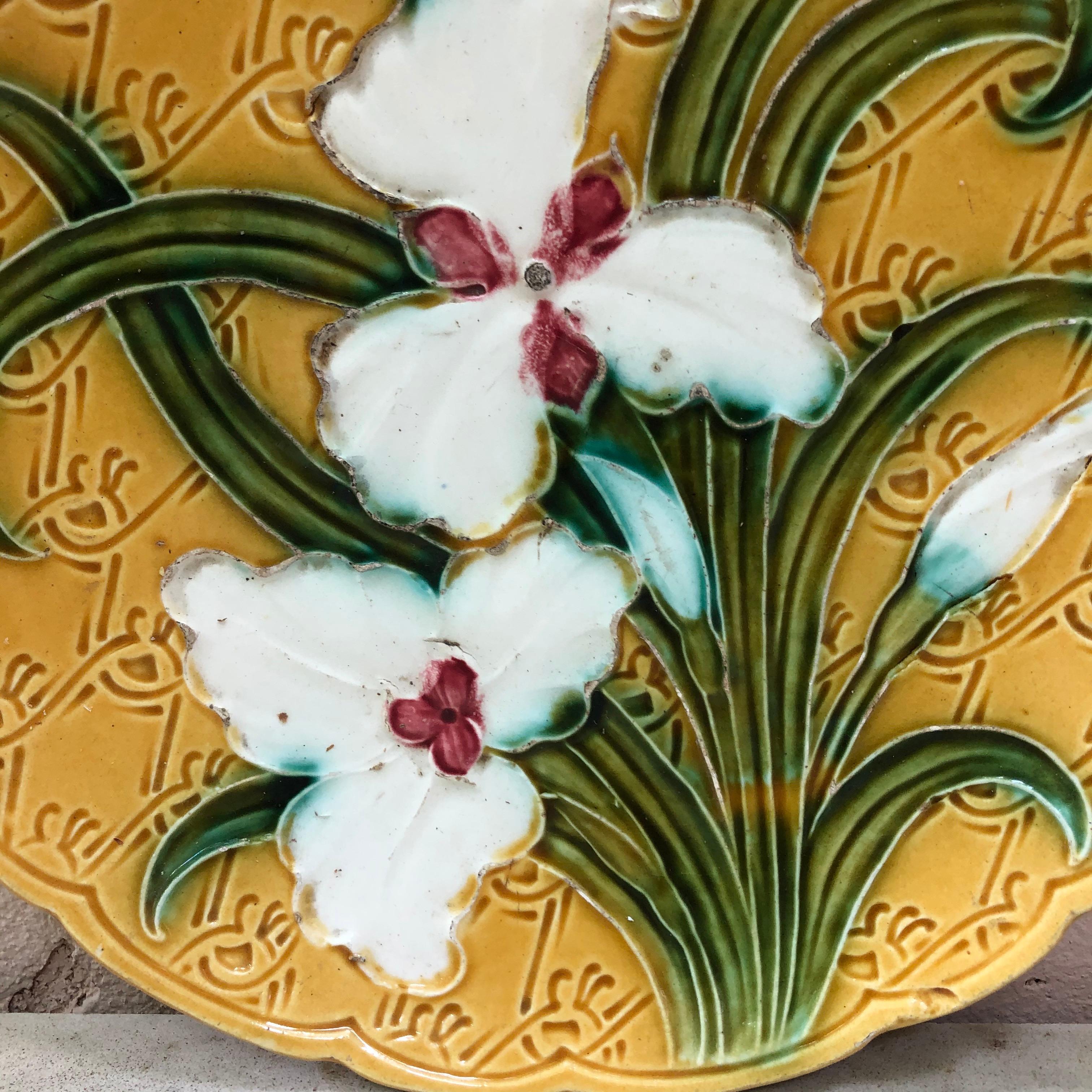 French Majolica white Iris platter signed St F G, circa 1900.