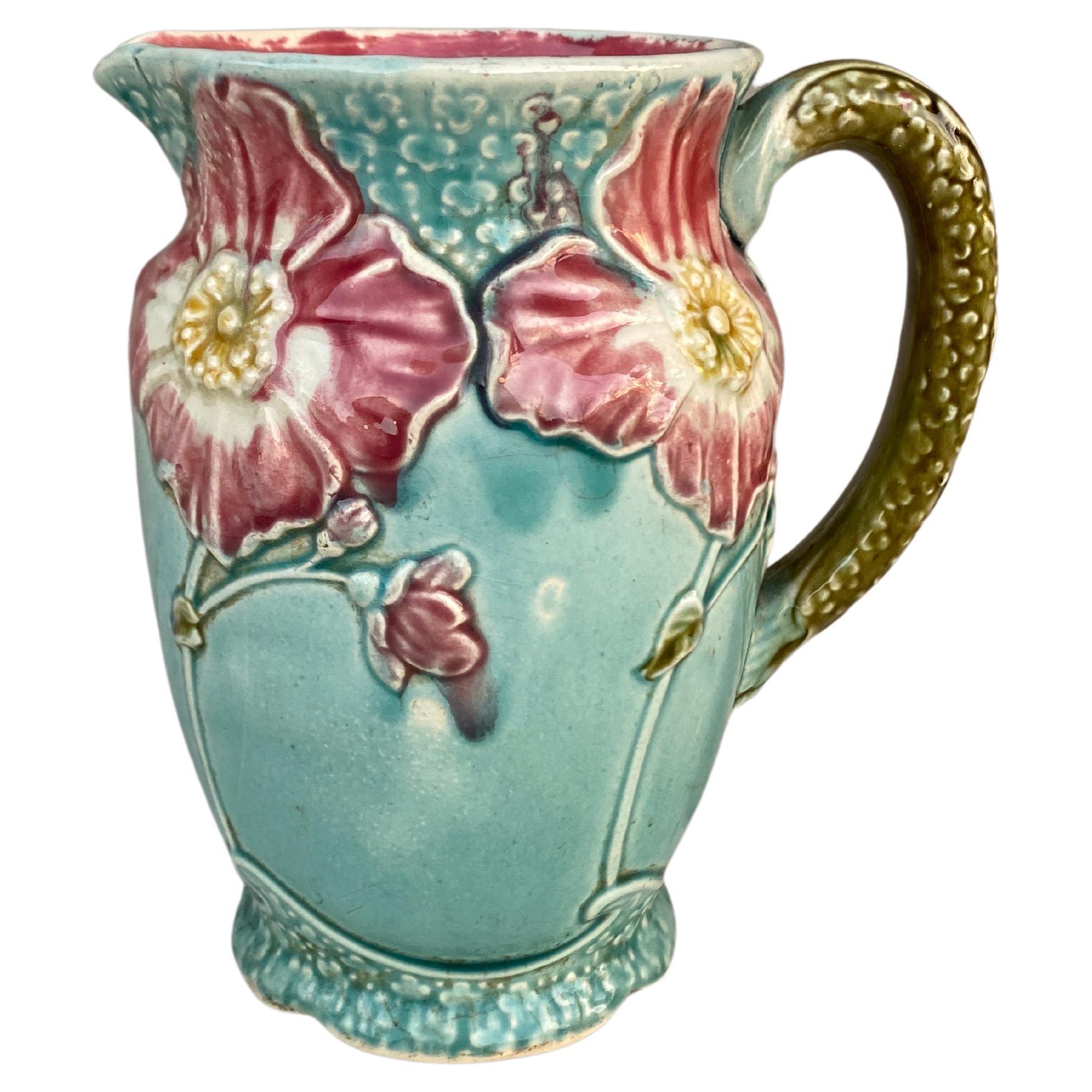 French Majolica wild rose pitcher fives Lille, circa 1900.