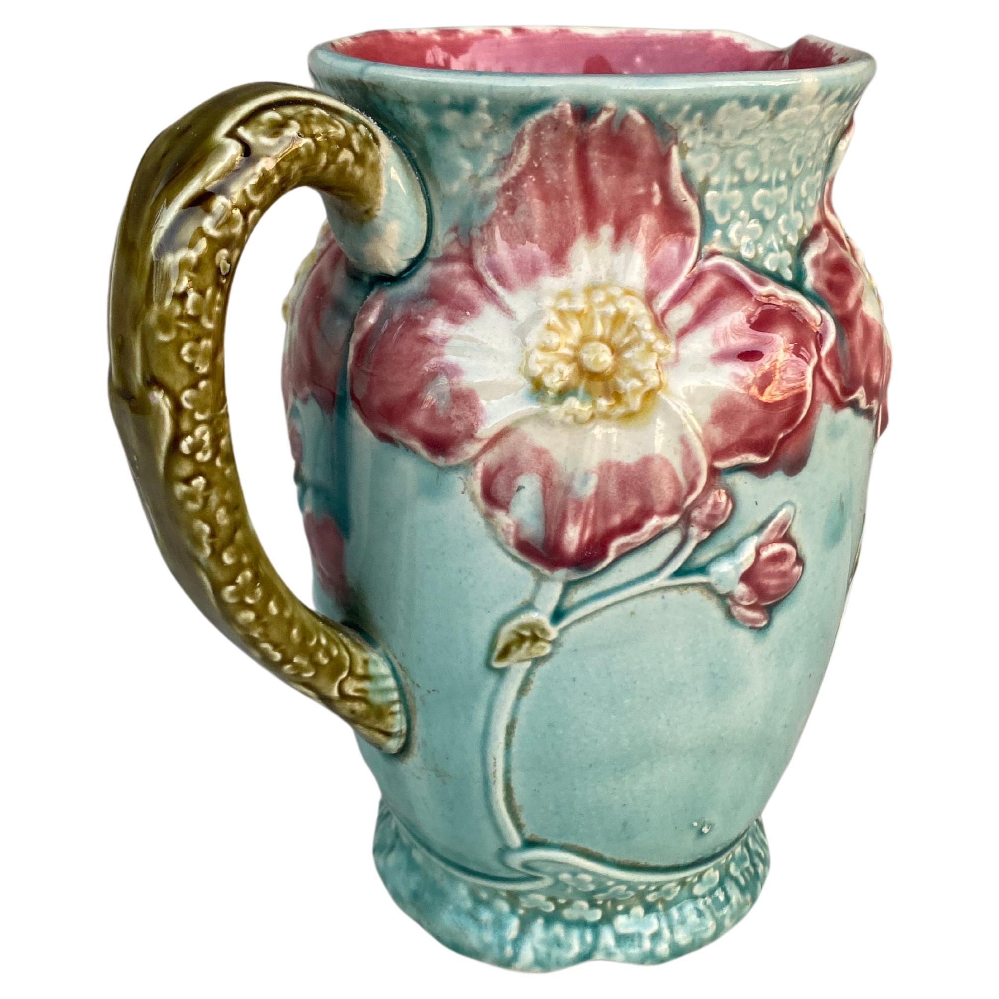 Art Nouveau French Majolica Wild Rose Pitcher Fives Lille, circa 1900 For Sale