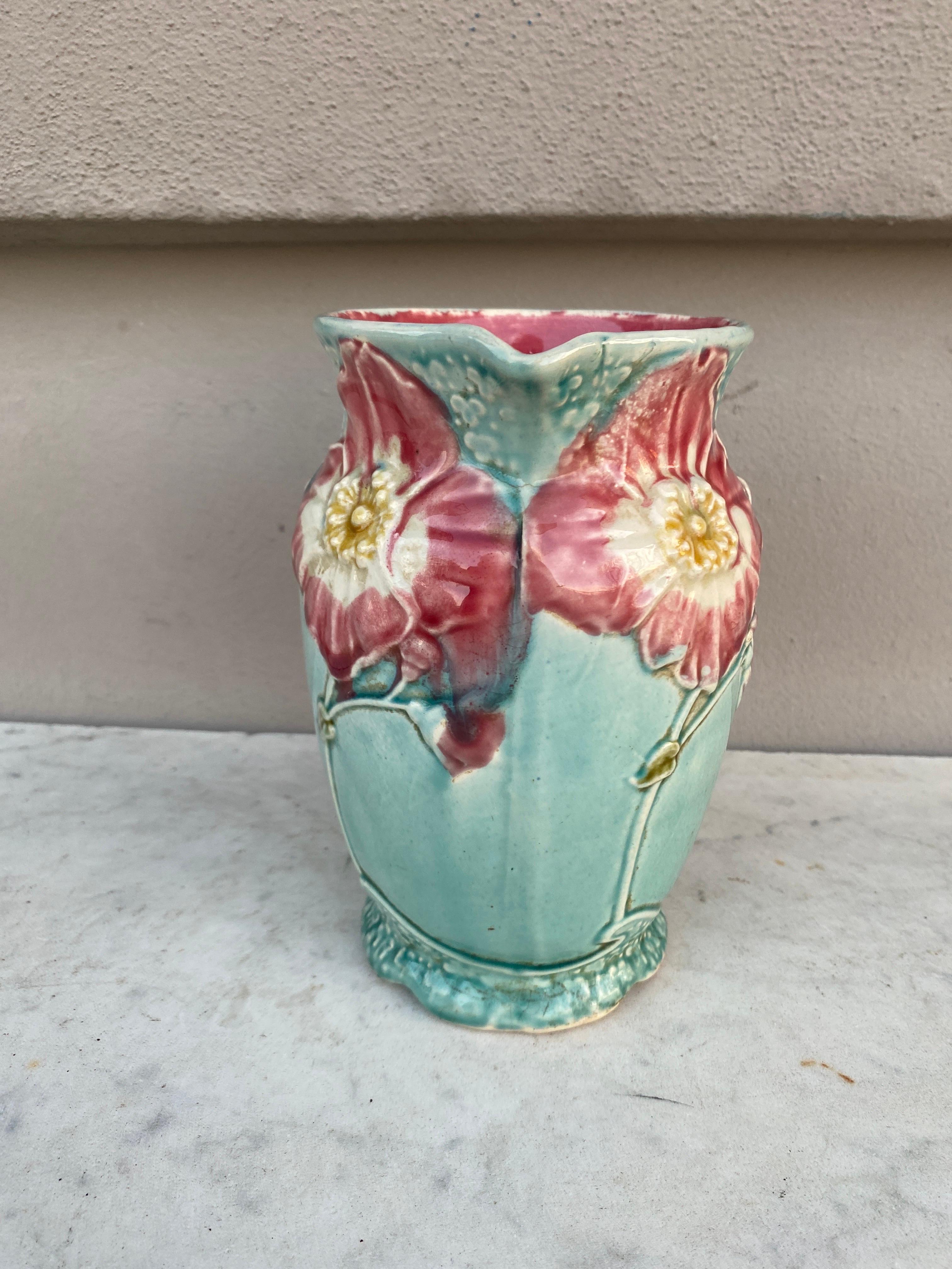 Early 20th Century French Majolica Wild Rose Pitcher Fives Lille, circa 1900 For Sale