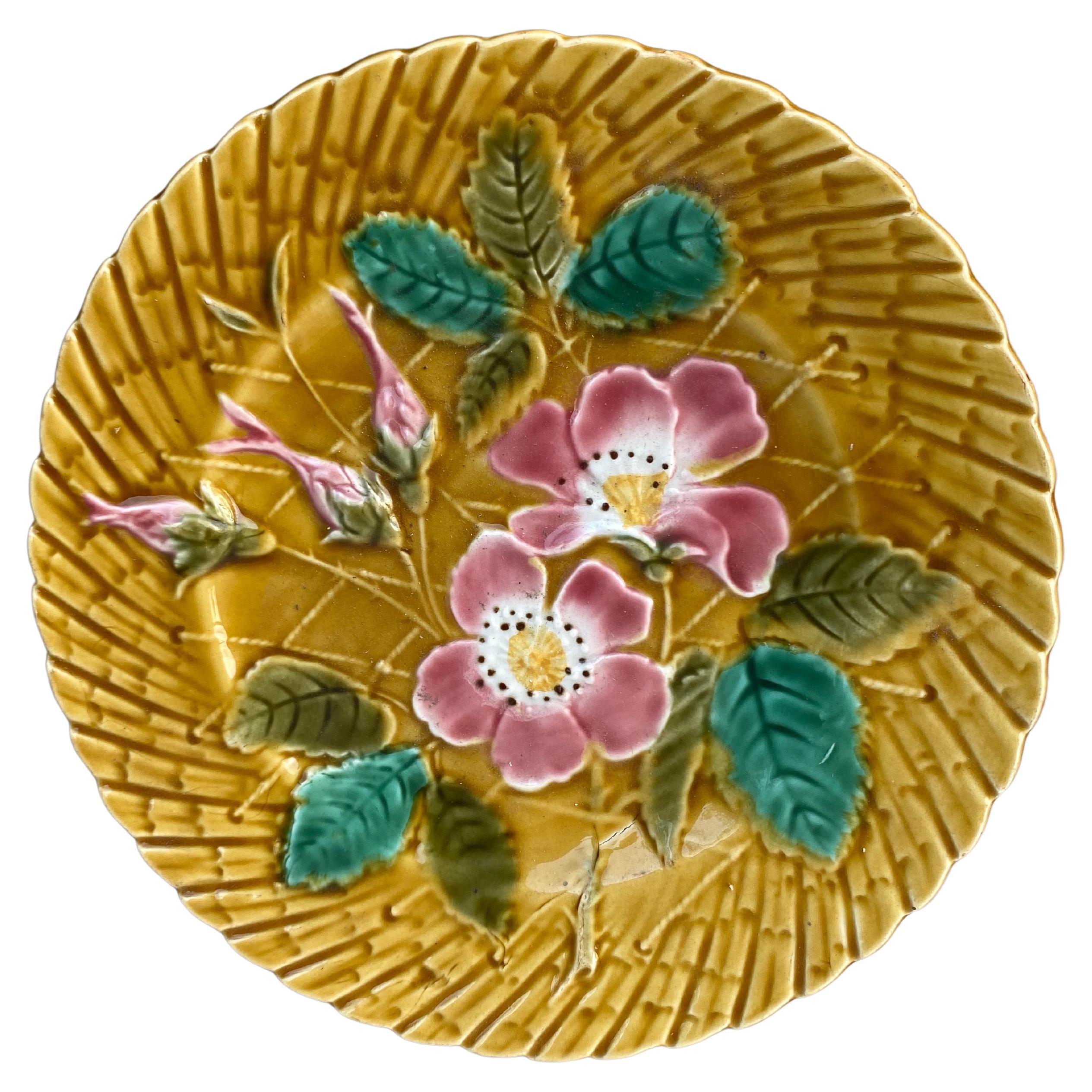 French  Majolica Wild Rose Plate Sarreguemines, circa 1930
