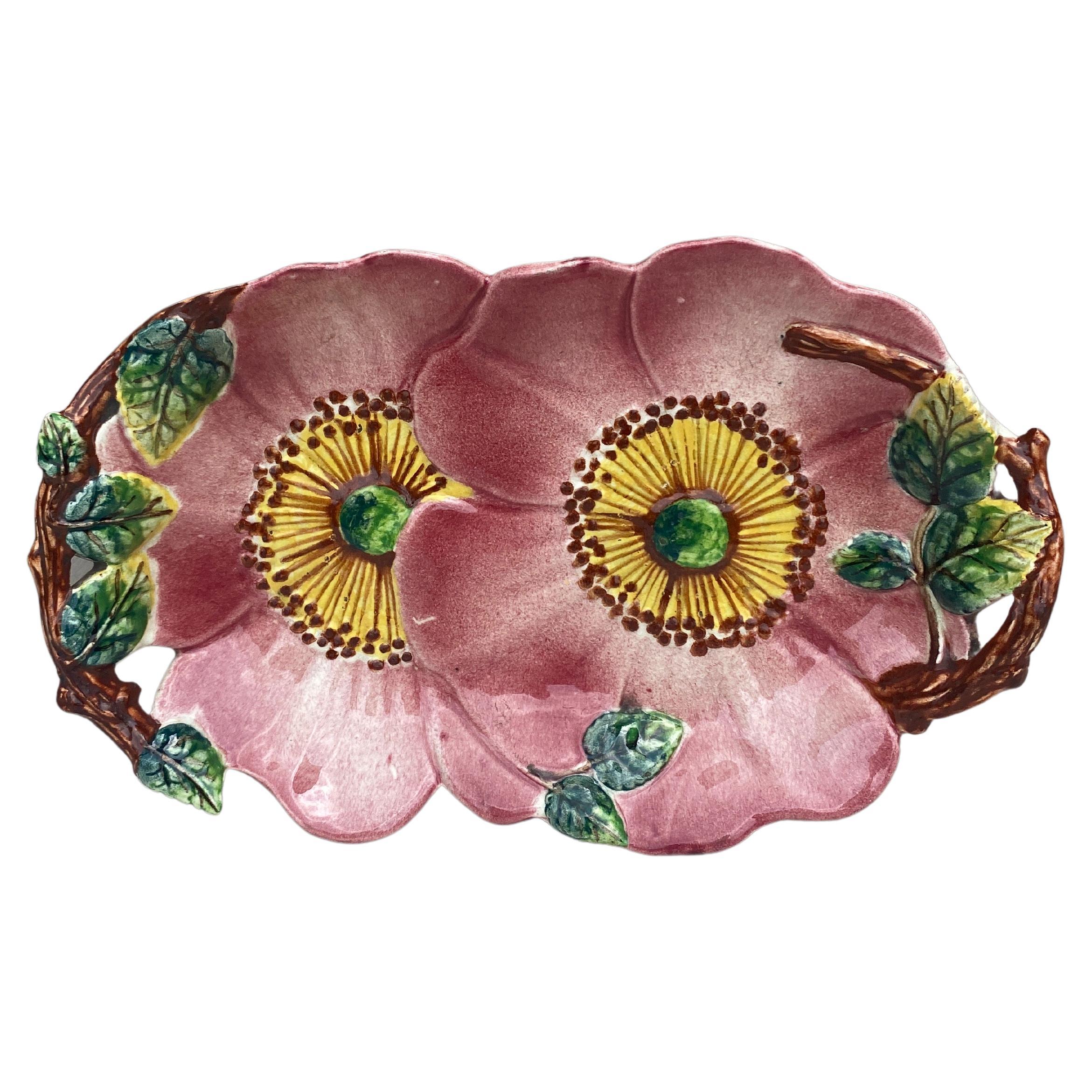 French Majolica Wild Rose Platter, circa 1900 For Sale