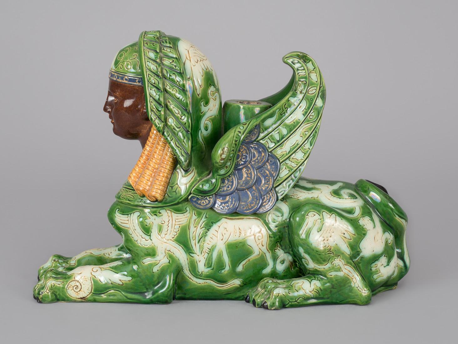 French Provincial French Majolica Winged Sphinx Candlestick For Sale