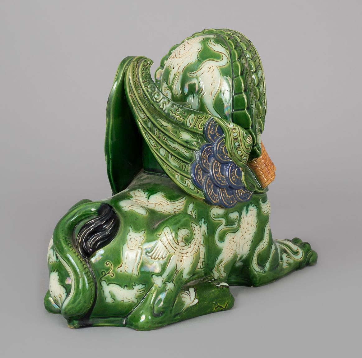 Late 19th Century French Majolica Winged Sphinx Candlestick For Sale
