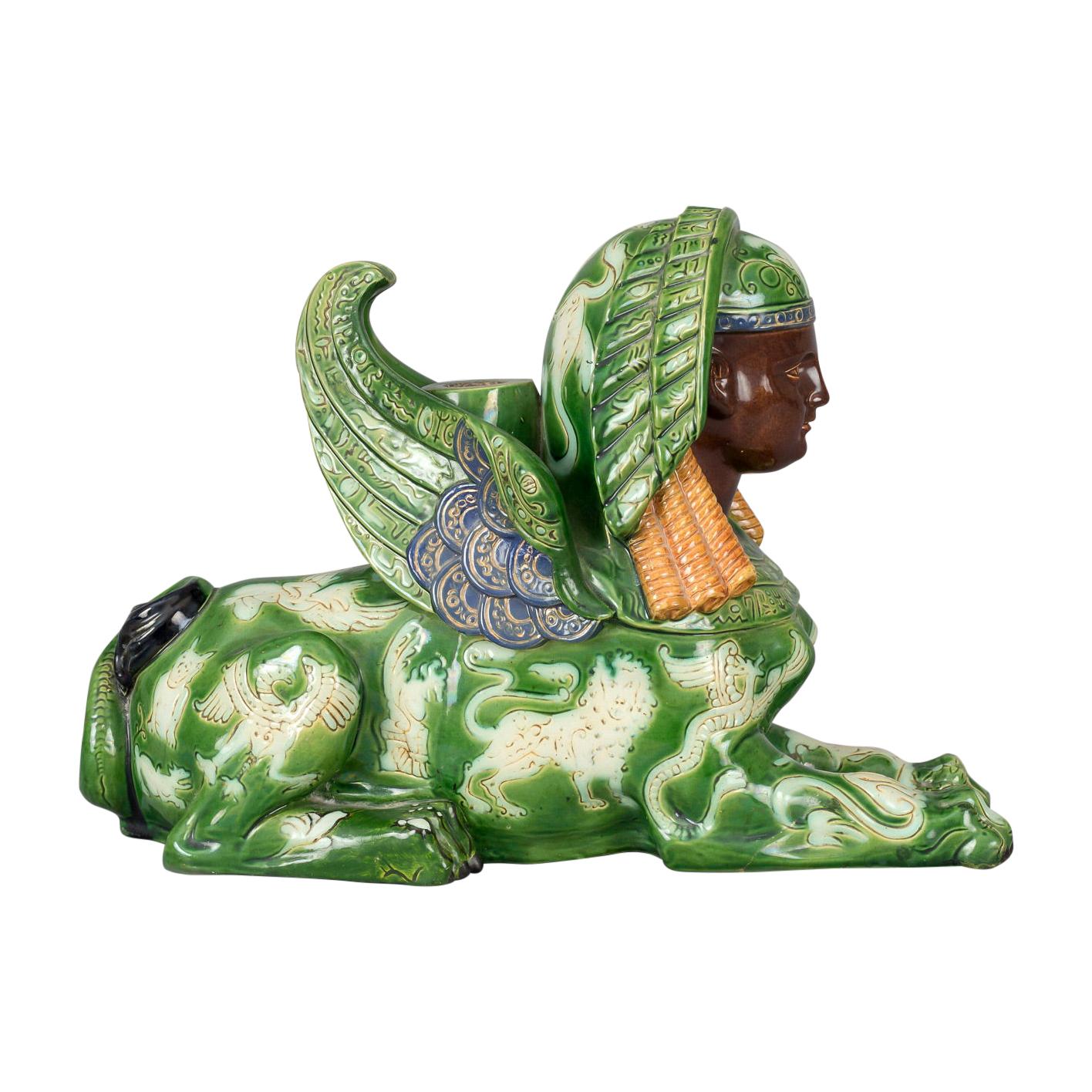 French Majolica Winged Sphinx Candlestick For Sale