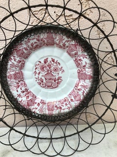 Cesta de alambre de mayólica francesa Gien circa 1890