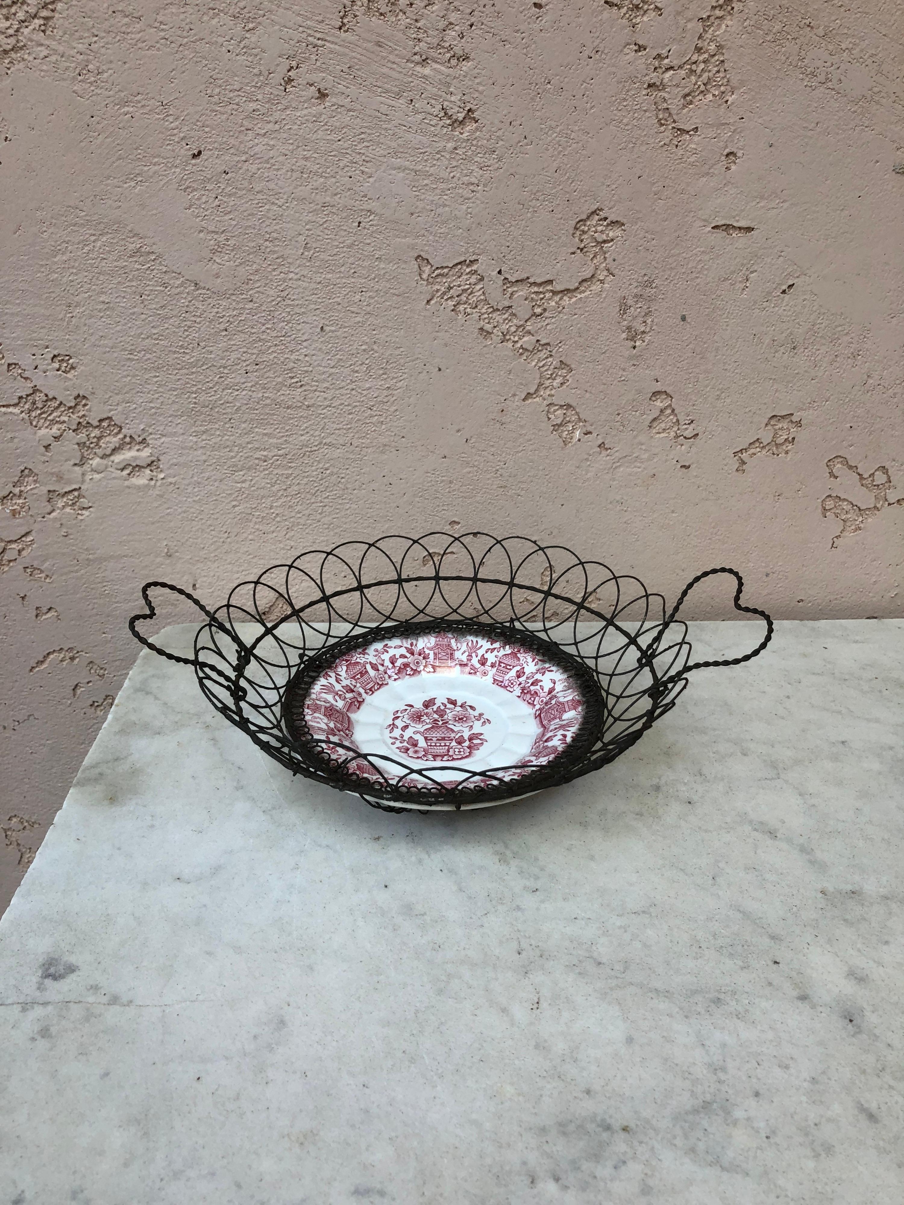 Chinoiserie French Majolica Wire Basket Gien circa 1890 For Sale