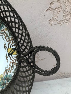 Cesta de alambre de mayólica francesa Sarreguemines, hacia 1890