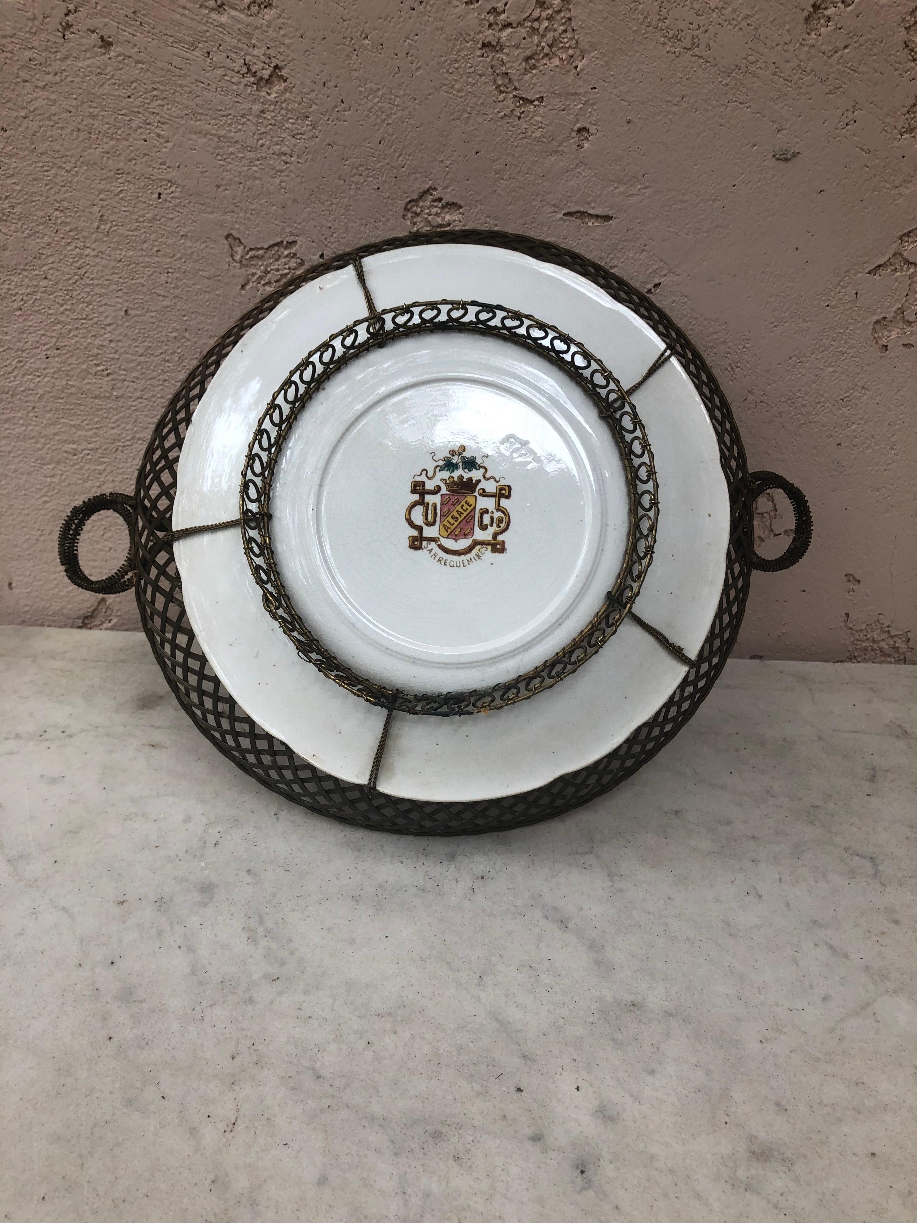 Ceramic French Majolica Wire Basket Sarreguemines, circa 1890 For Sale
