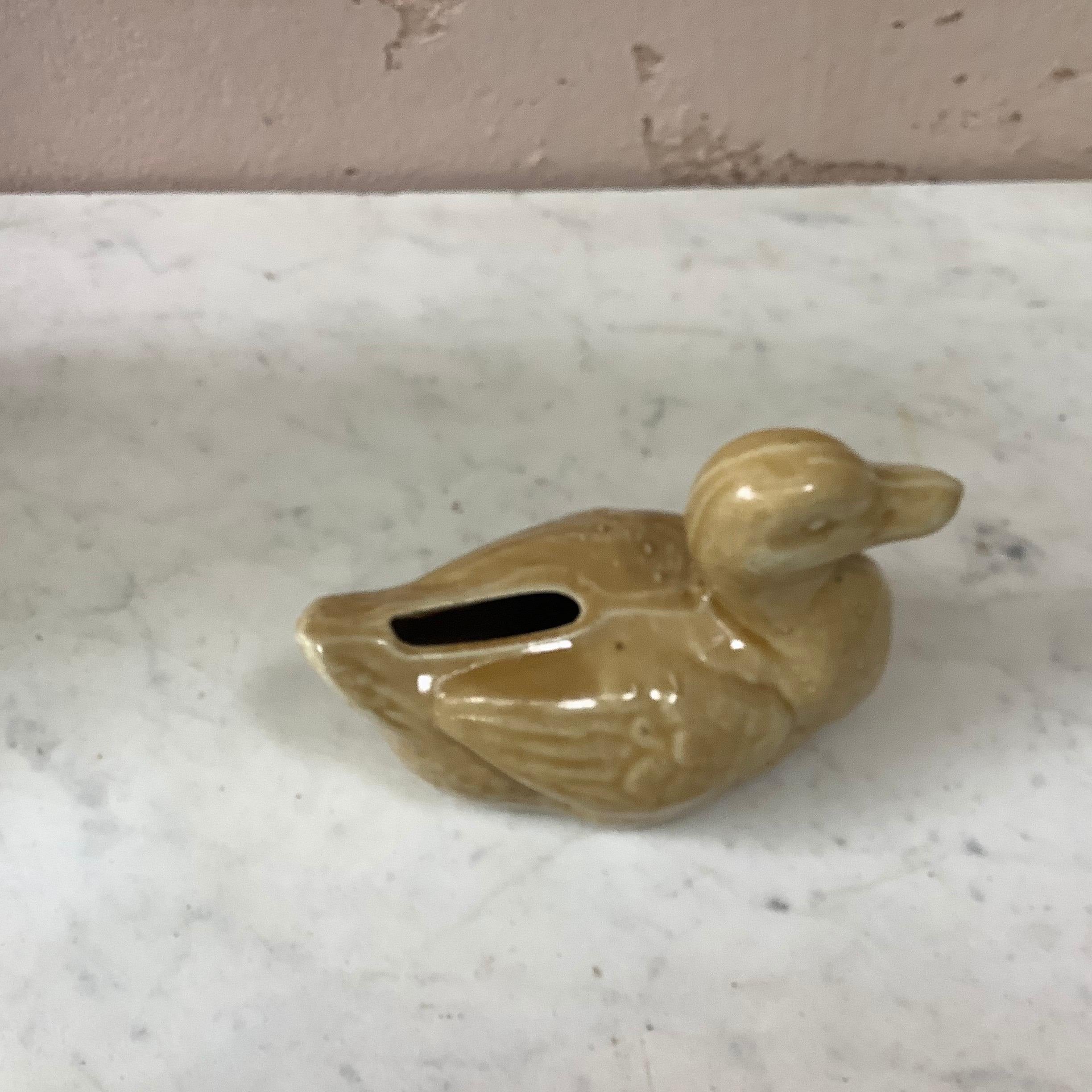 Early 20th Century French Majolica Yellow Duck Bank, circa 1900 For Sale