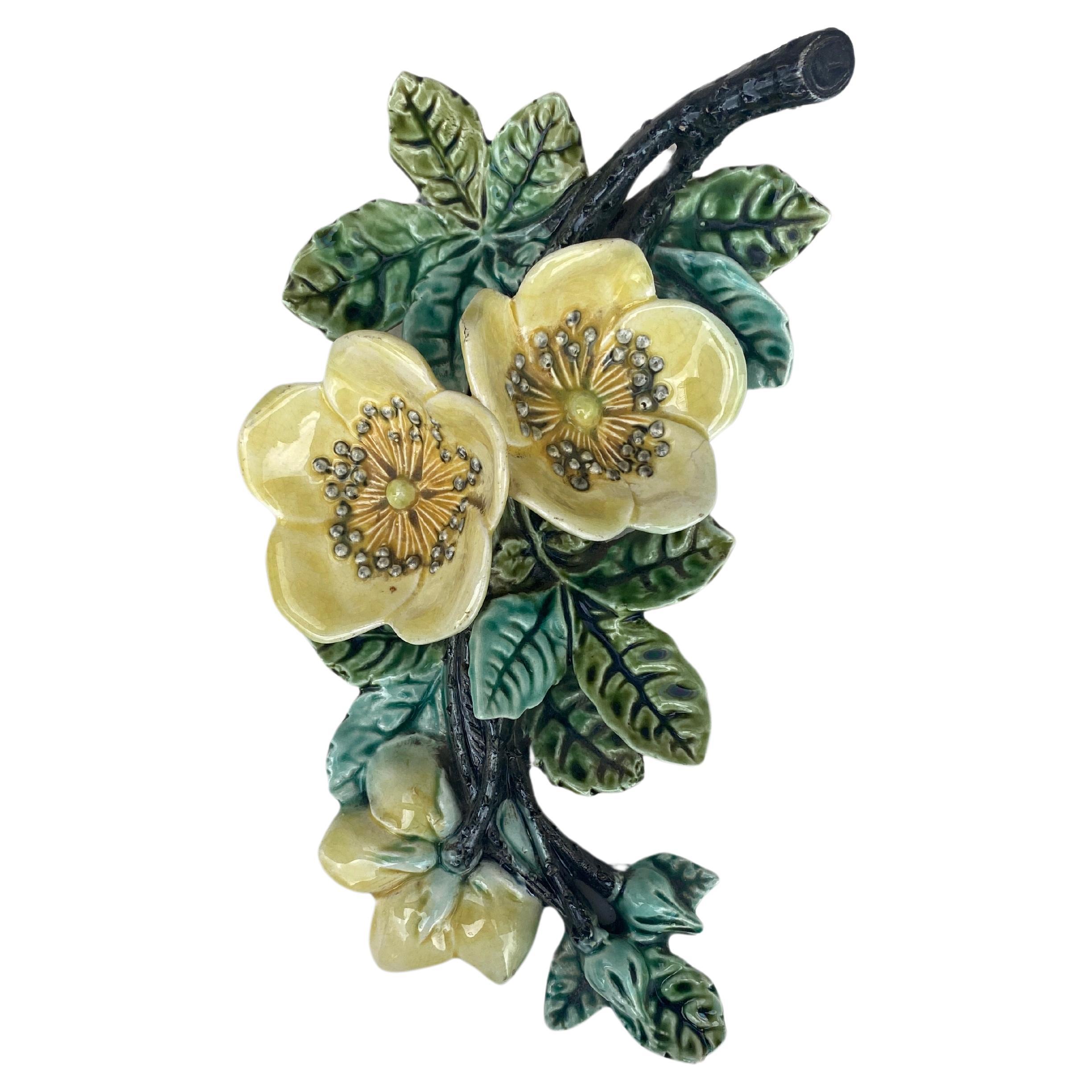 French Majolica Yellow Flowers Wall Pocket Fives Lille, circa 1890 For Sale