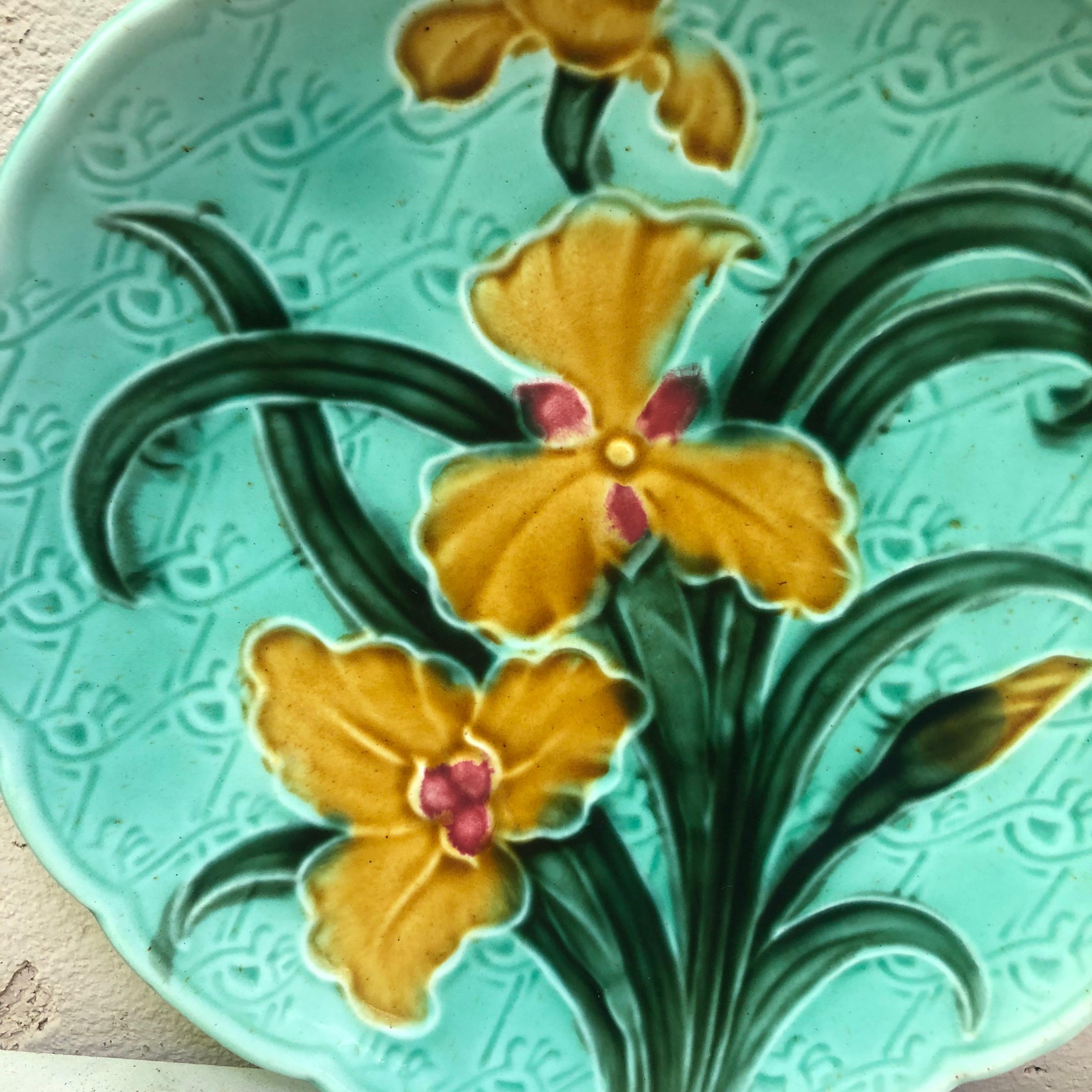 French Majolica yellow Iris plate signed St F G, circa 1900.
Aqua background.