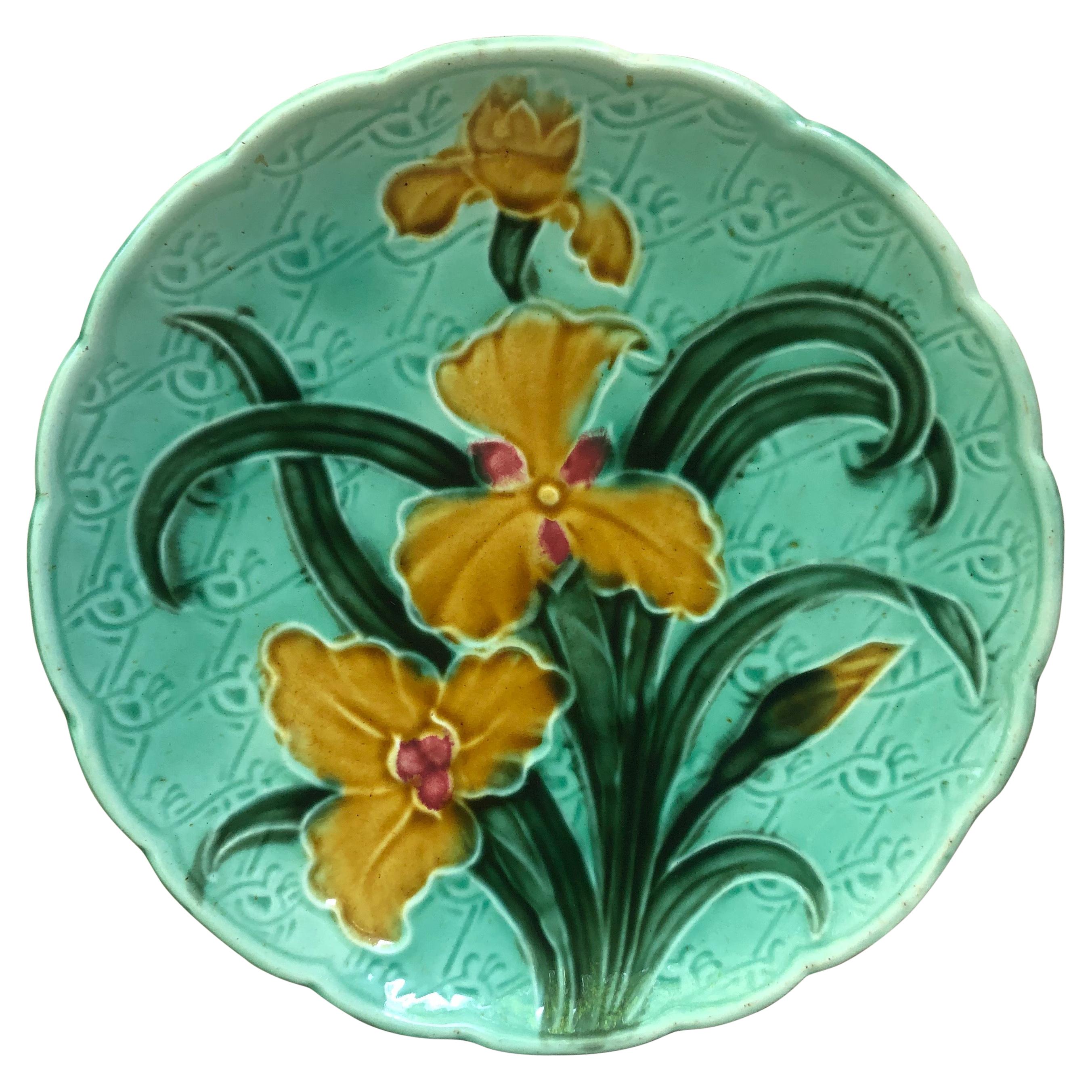 French Majolica Yellow Iris Plate, circa 1900