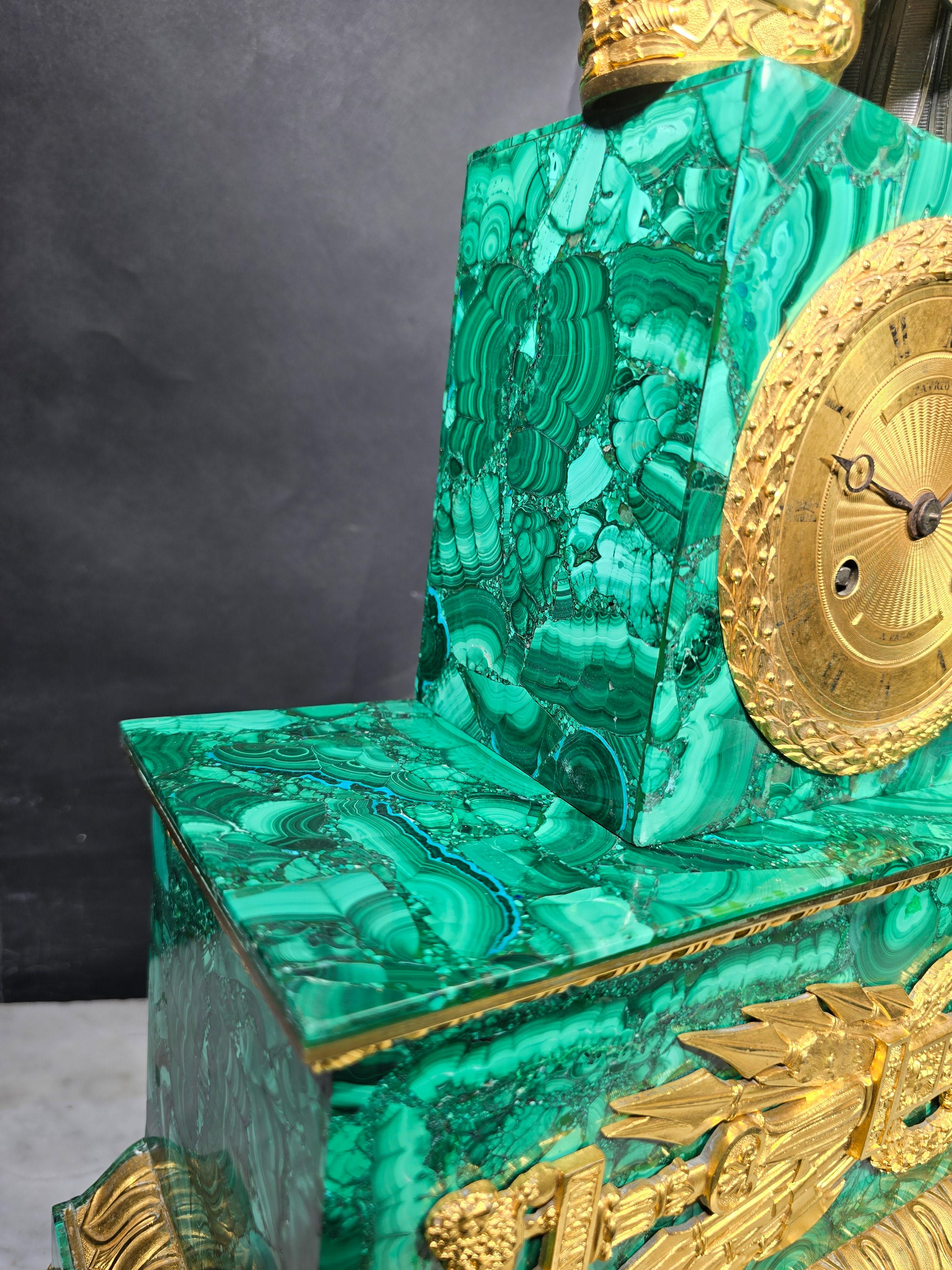 French Malachite Clock Dating From the Period of King Charles X, Between 1820 an For Sale 2