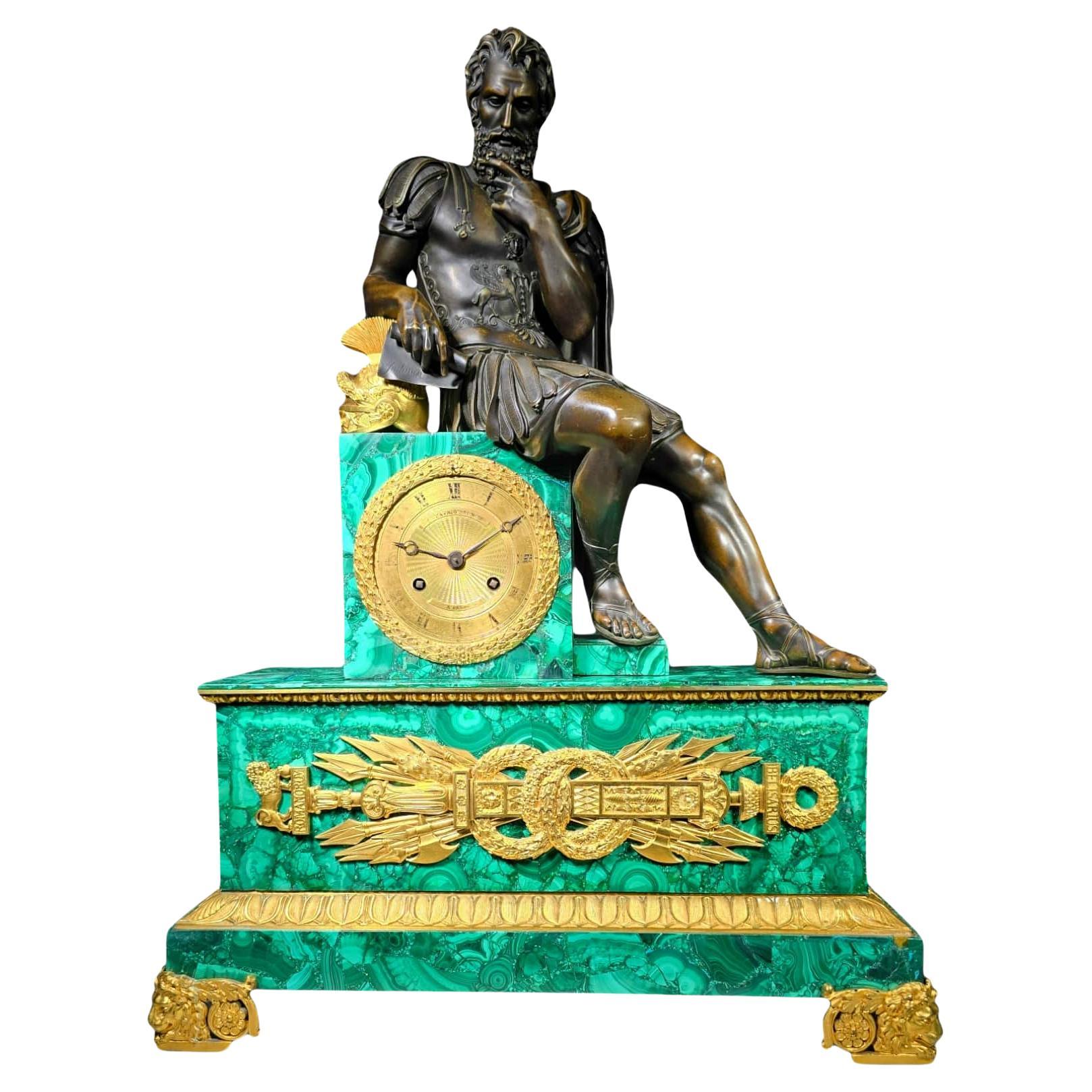 French Malachite Clock Dating From the Period of King Charles X, Between 1820 an For Sale