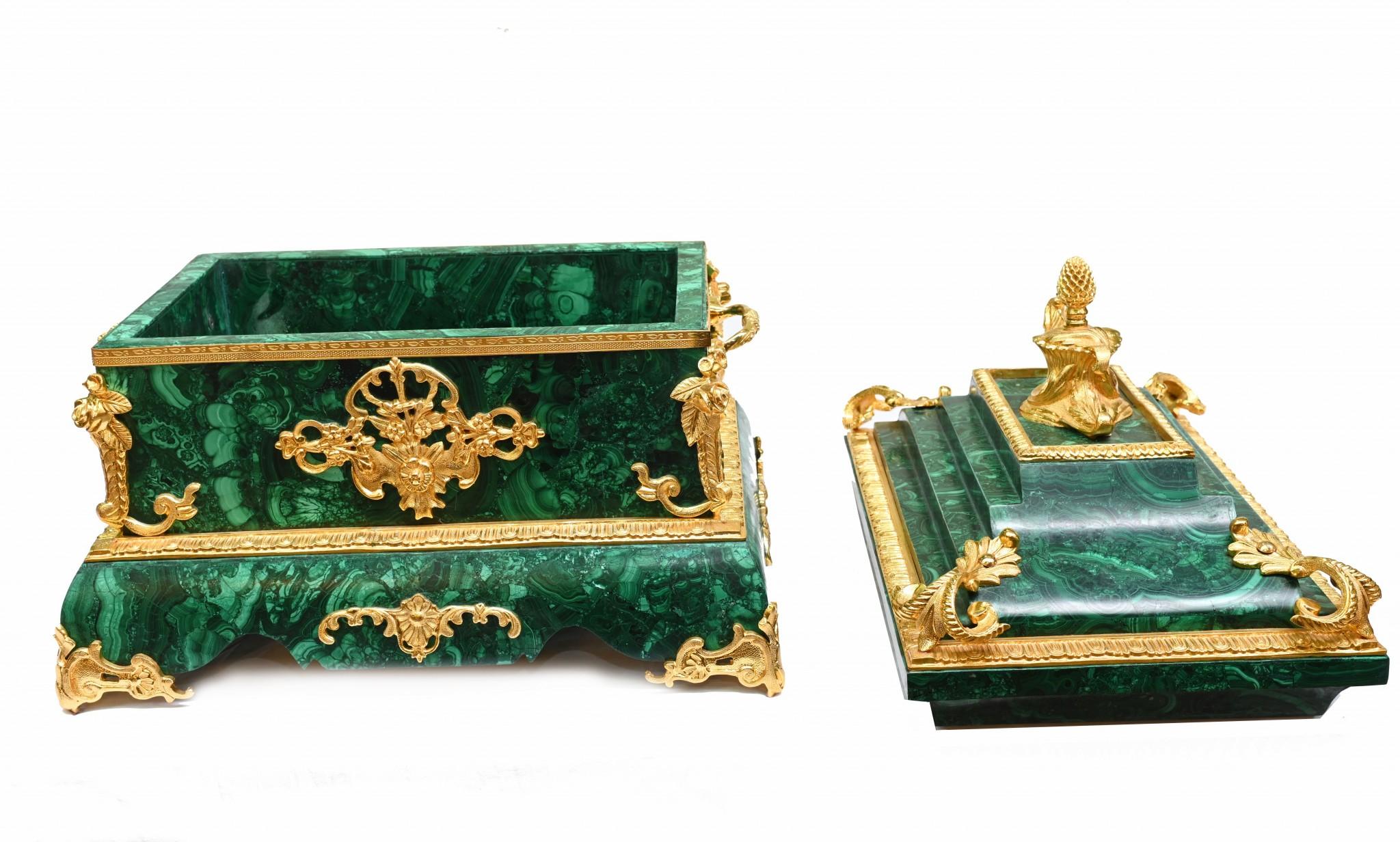 Late 20th Century French Malachite Marriage Casket Ormolu Box For Sale