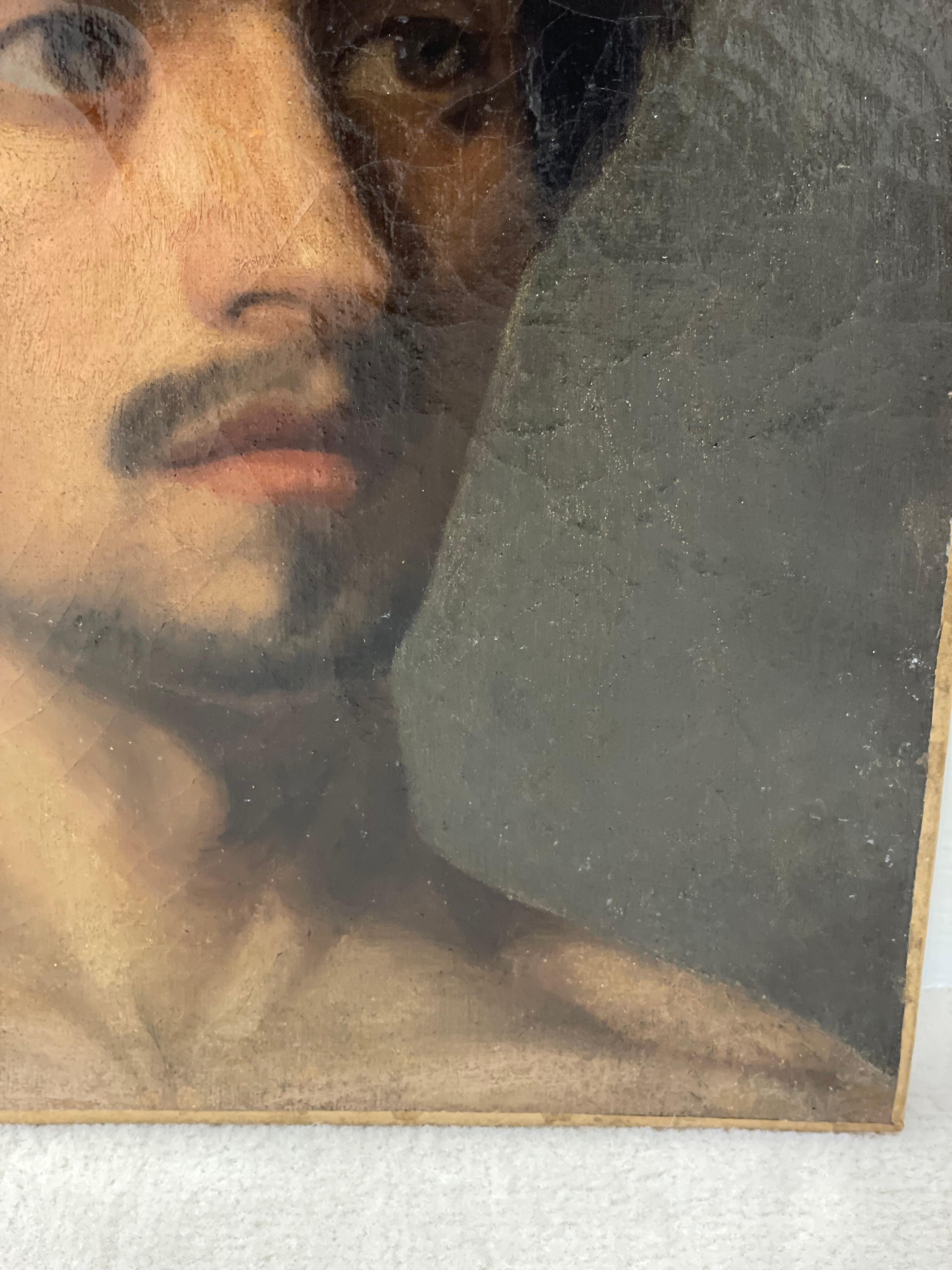 French oil on canvas from the end of the 19th century, young dark-haired man with a mustache looking to the side. Delicately worked academic painting.
