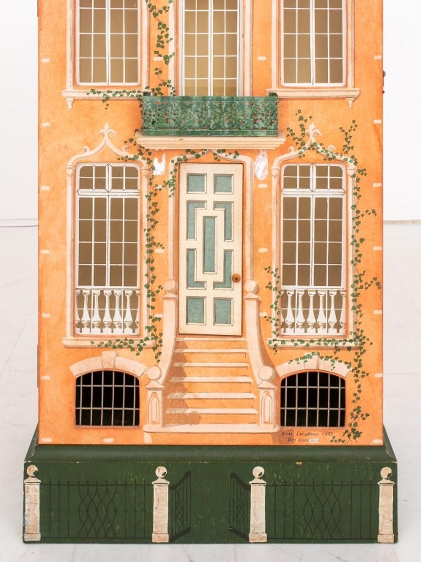 French Mansard style house-form vitrine or cabinet, the exterior faux-painted to resemble an 1870s French town house, with windows and skylight illuminating the interior, fitted with a glass interior shelf.

Dimensions:   35