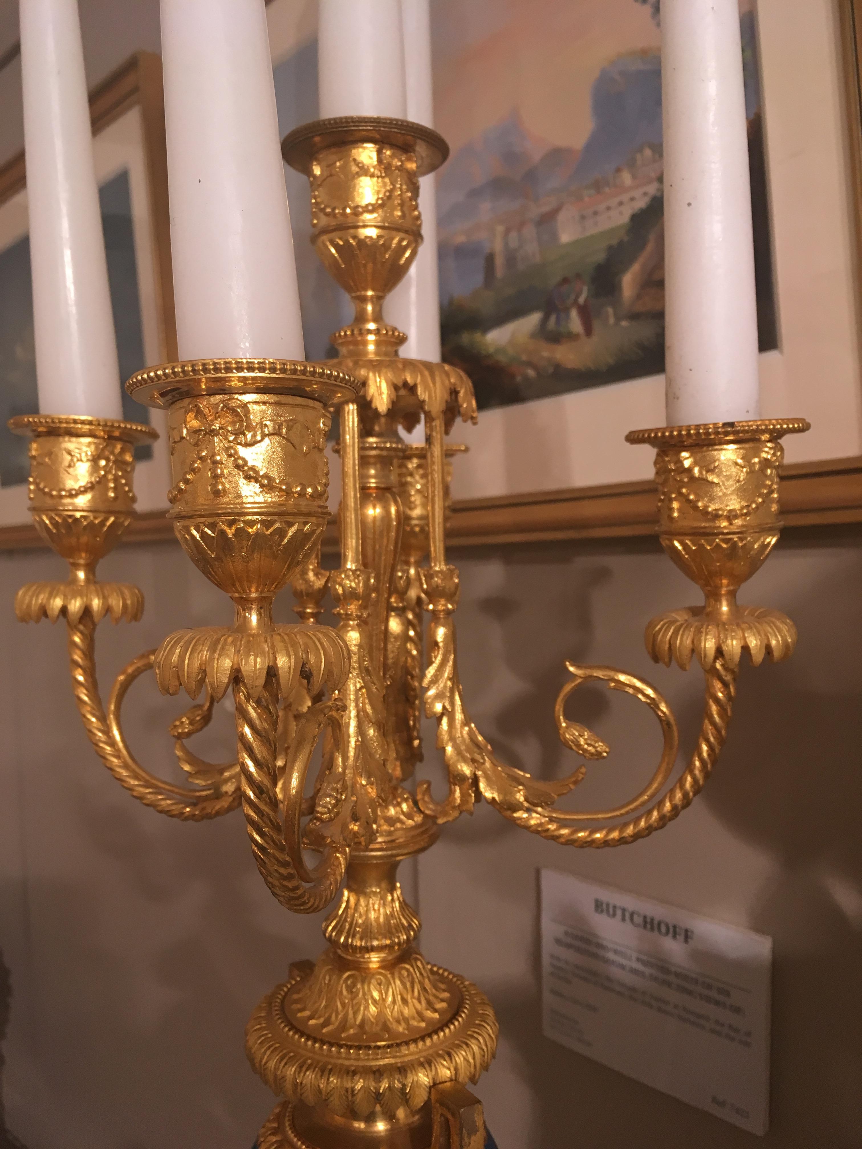 French Mantel Clock and Candelabra of Gilt Bronze and Blue ‘Sèvres’ Porcelain For Sale 2